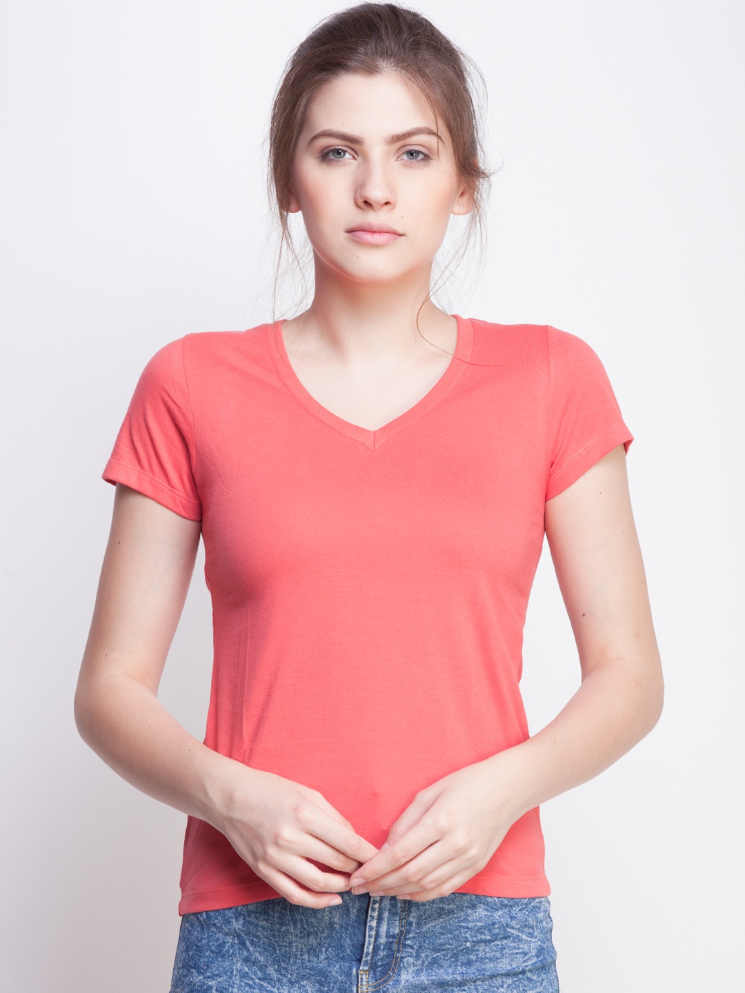 

Dolar Missy Women Coral Pink V Neck Solid T-Shirt