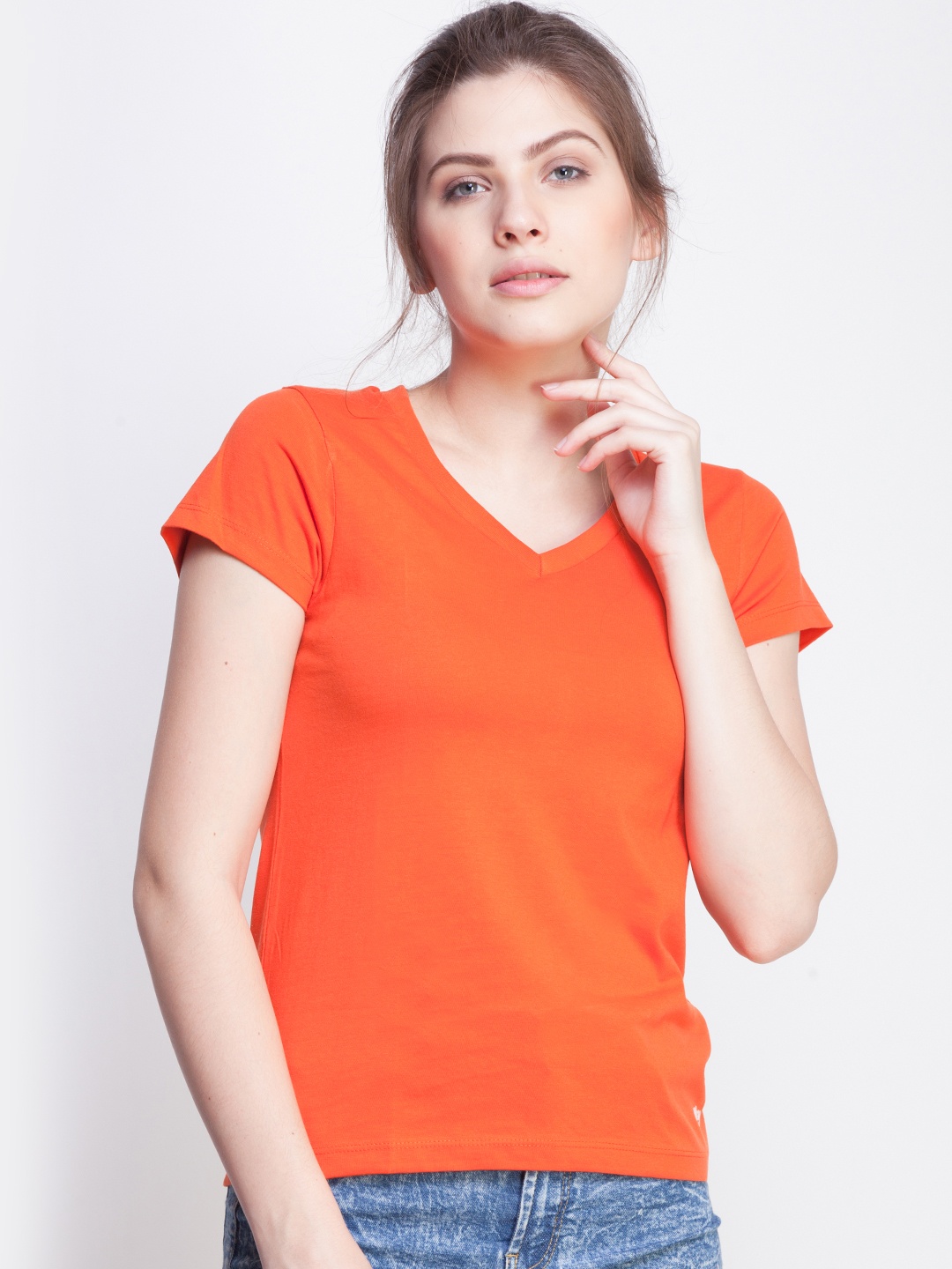 

Dollar Missy Women Orange Solid V-Neck T-shirt