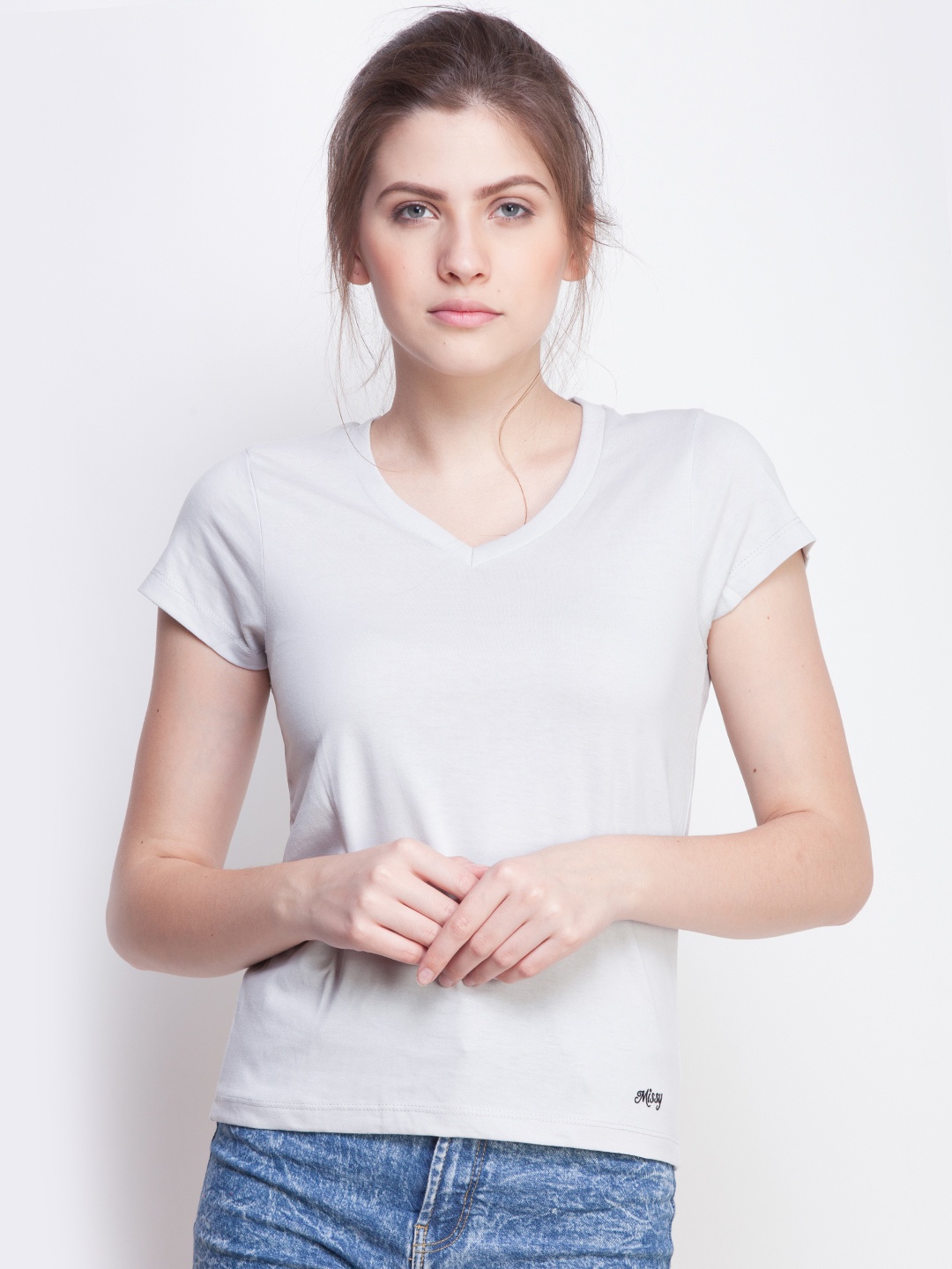 

Dollar Missy Women Silver-Coloured Solid Round Neck T-shirt