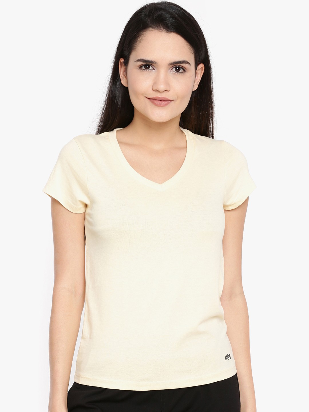 

Dollar Missy Women Beige Solid V-Neck T-shirt
