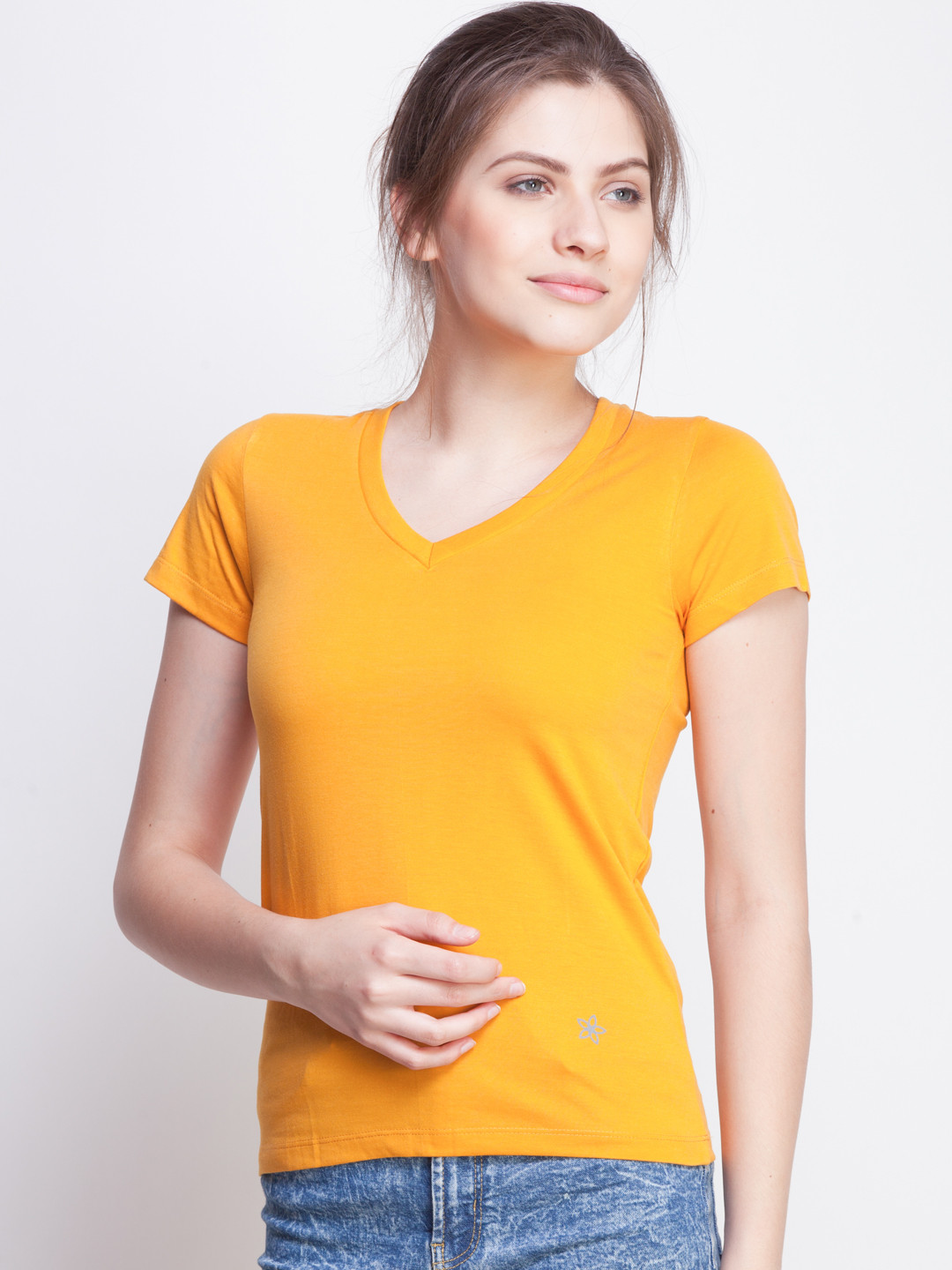 

Dollar Missy Women Mustard Yellow Solid V-Neck T-shirt