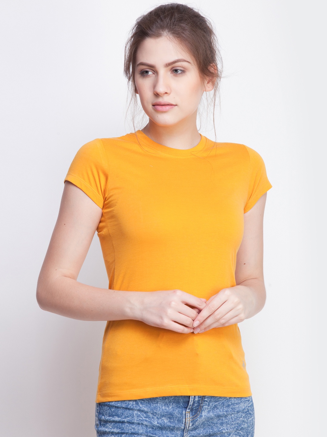 

Dollar Missy Women Mustard Yellow Solid Round Neck T-shirt