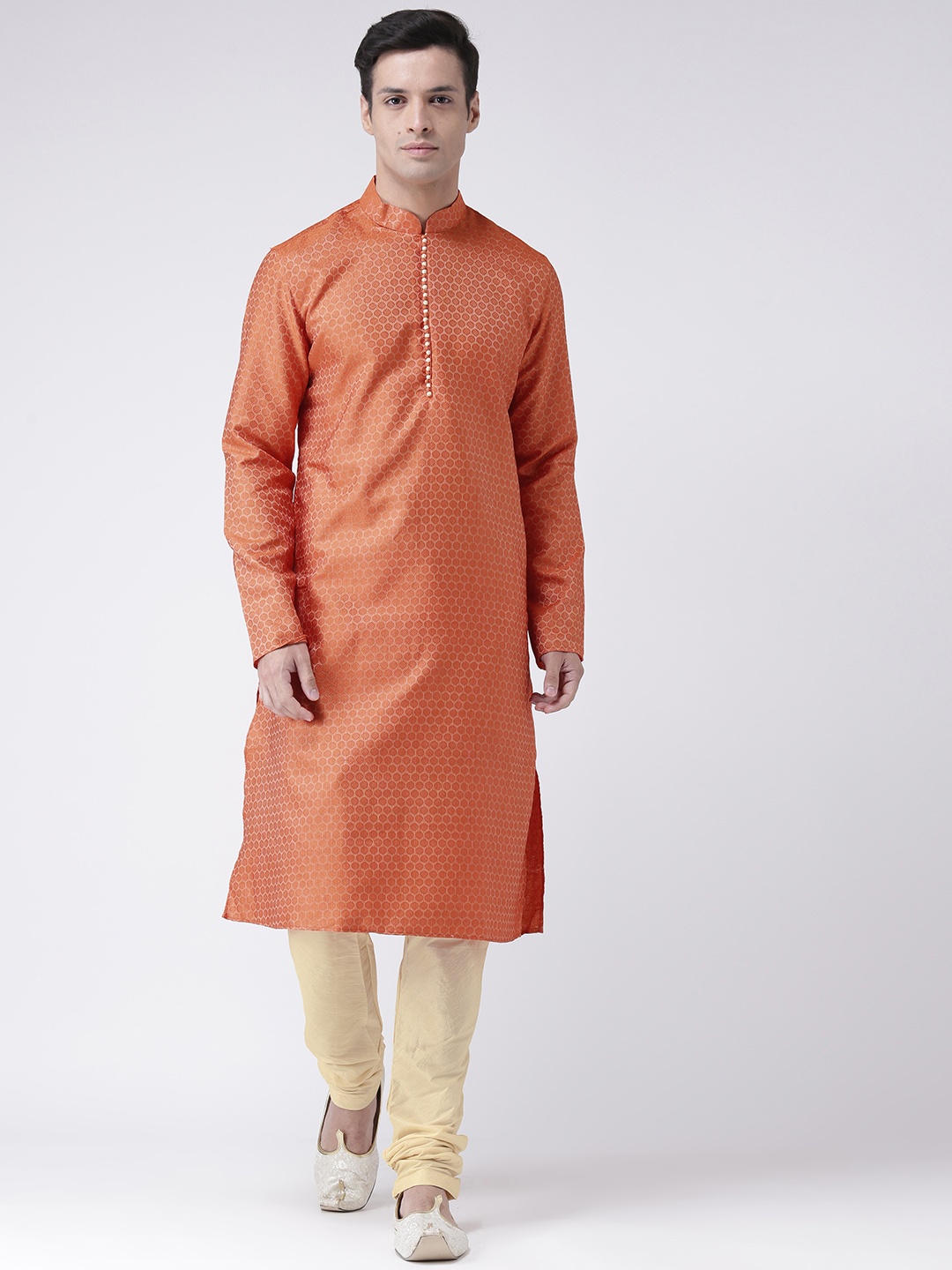 

DEYANN Men Orange & Cream-Coloured Jacquard Design Kurta with Pyjamas