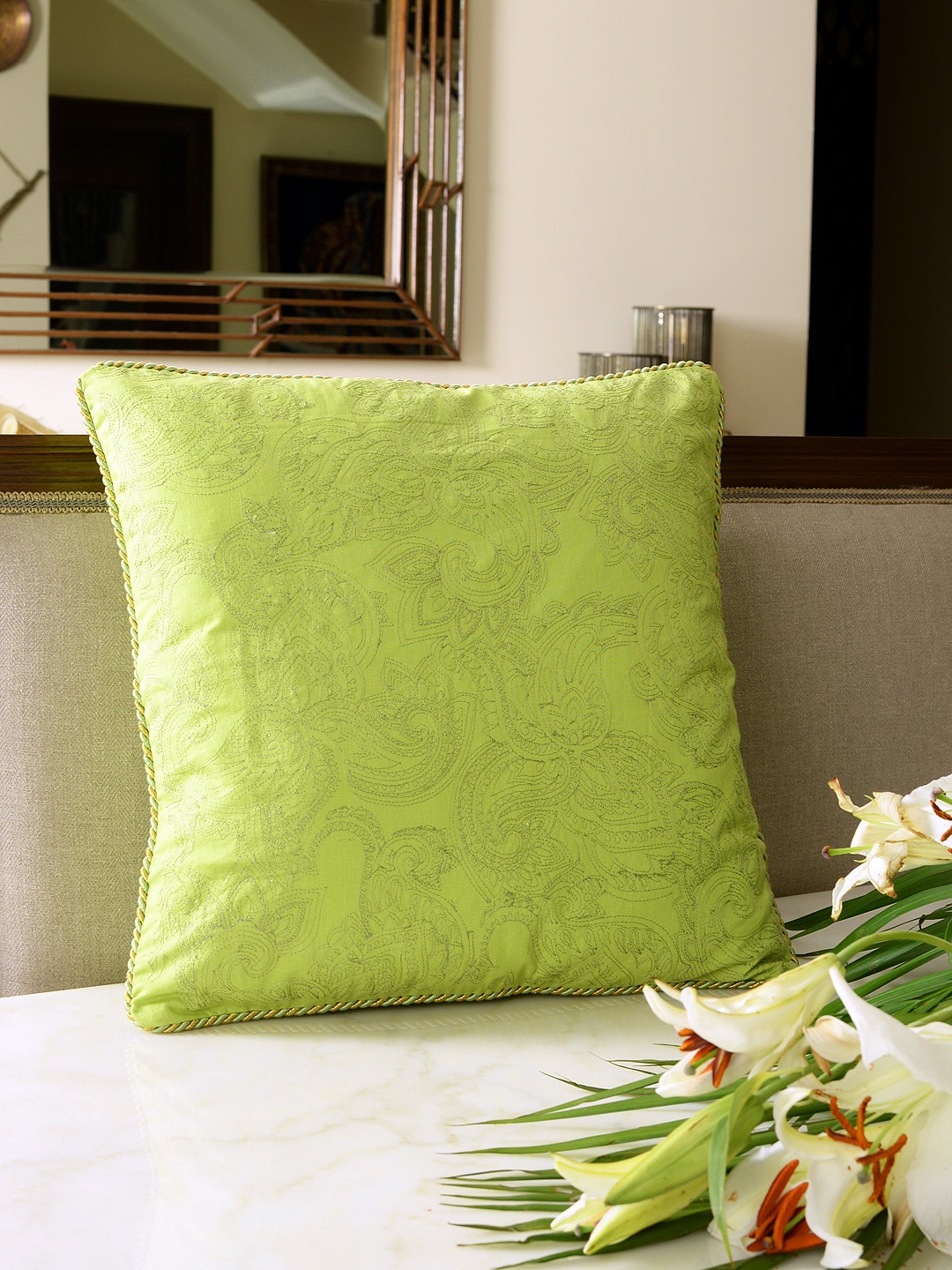 

Deco Window Lime Green Ethnic Motifs Square Cushion Covers