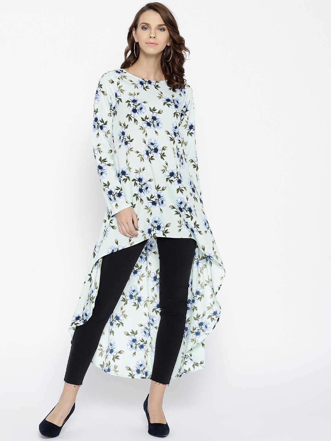 

Berrylush Women Sea Green Printed Longline High-Low Top