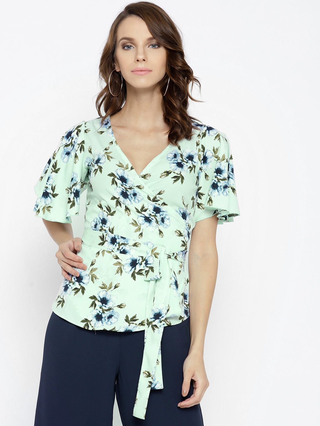 

Berrylush Women Sea Green Printed Wrap Top