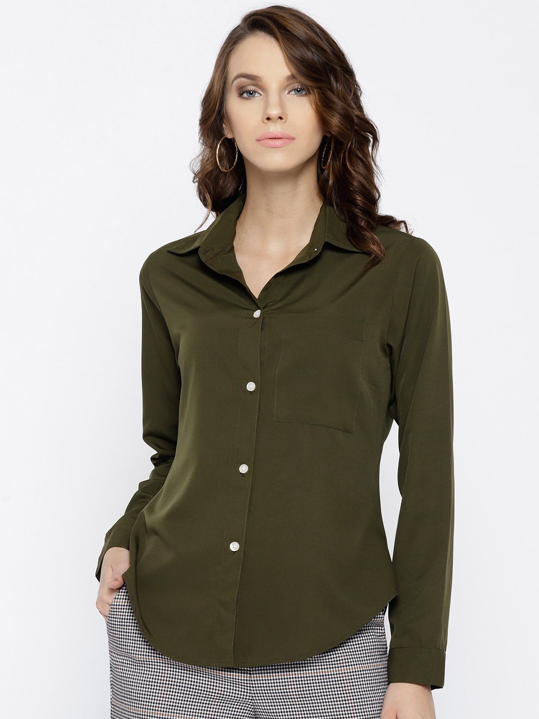 

Berrylush Women Olive Green Regular Fit Solid Casual Shirt