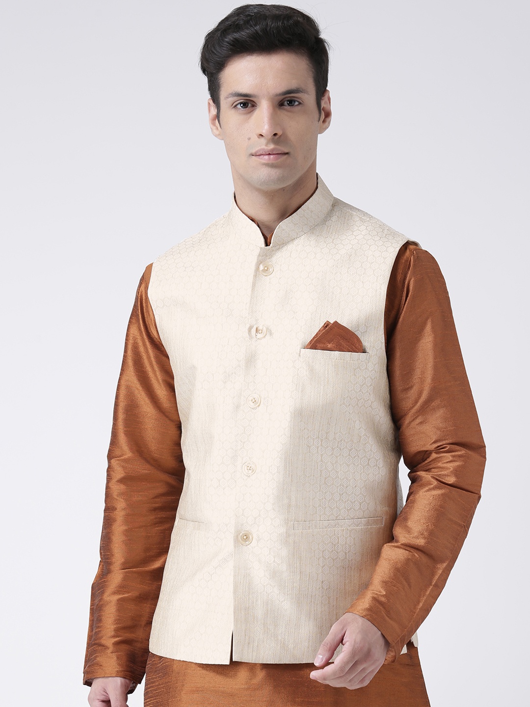 

DEYANN Men Cream-Coloured Jacquard Nehru Jacket