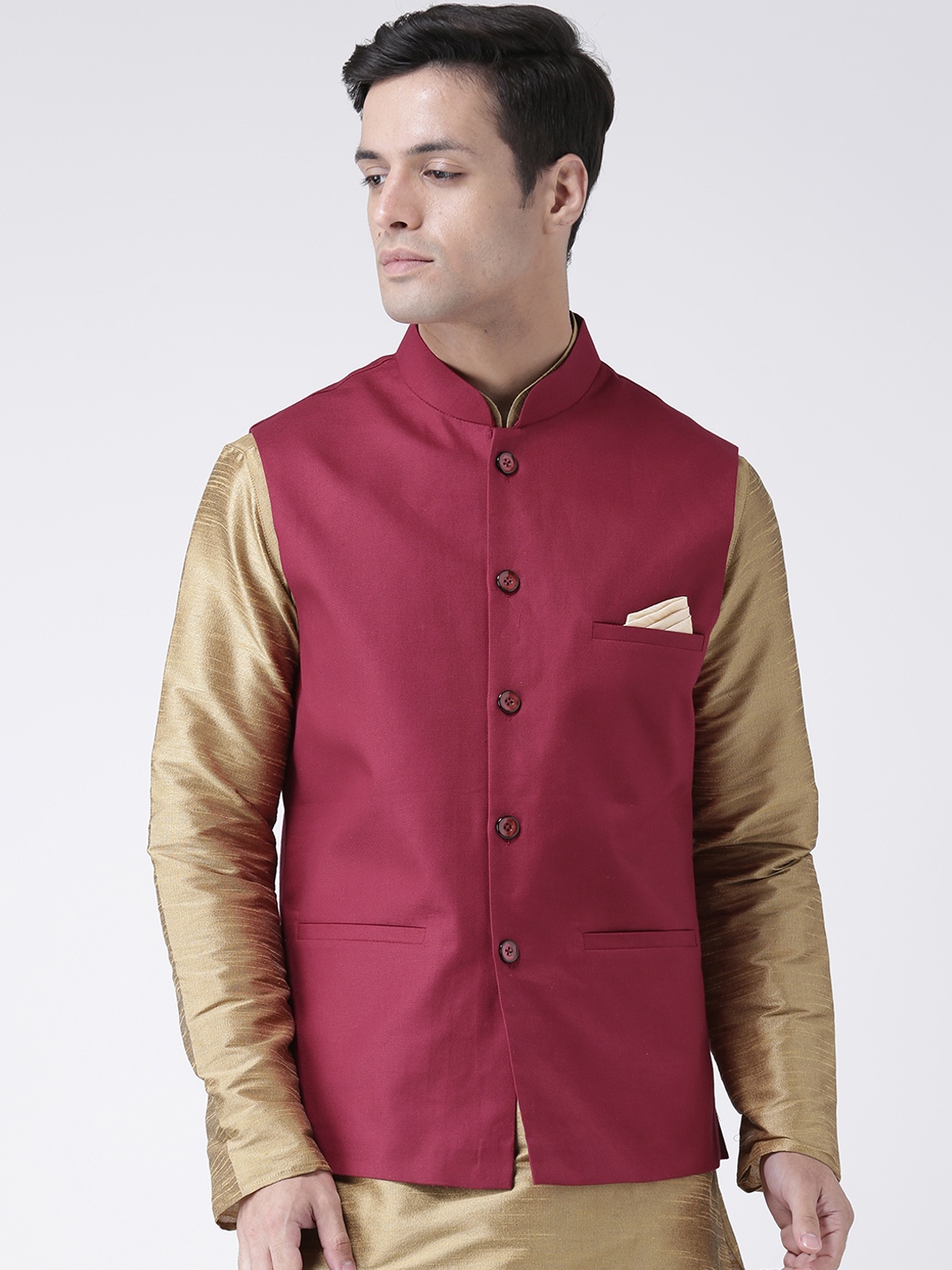 

DEYANN Men Maroon Solid Pure Cotton Nehru Jacket