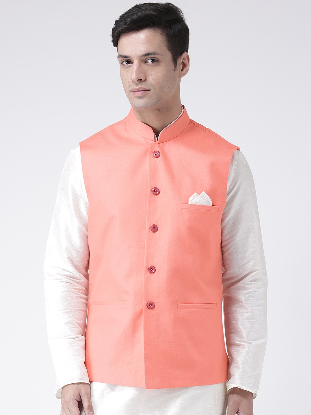 

DEYANN Men Peach-Coloured Solid Pure Cotton Nehru Jacket