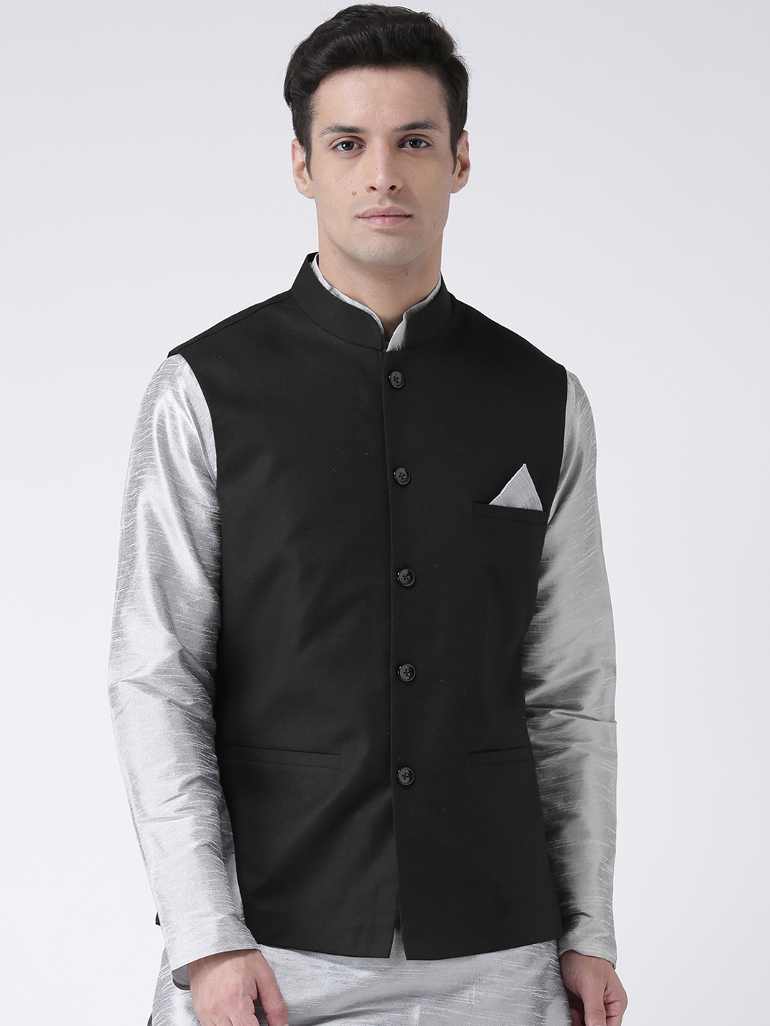 

DEYANN Men Black Solid Pure Cotton Nehru Jacket