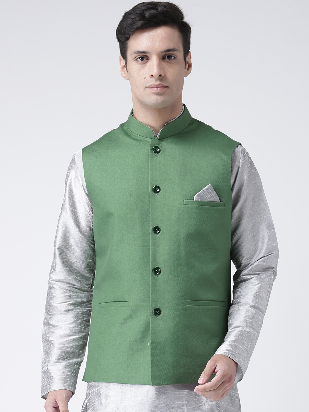 

DEYANN Men Green Solid Pure Cotton Nehru Jacket