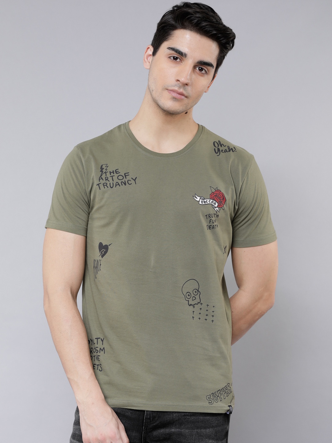 

LOCOMOTIVE Men Olive Green Printed Round Neck T-shirt