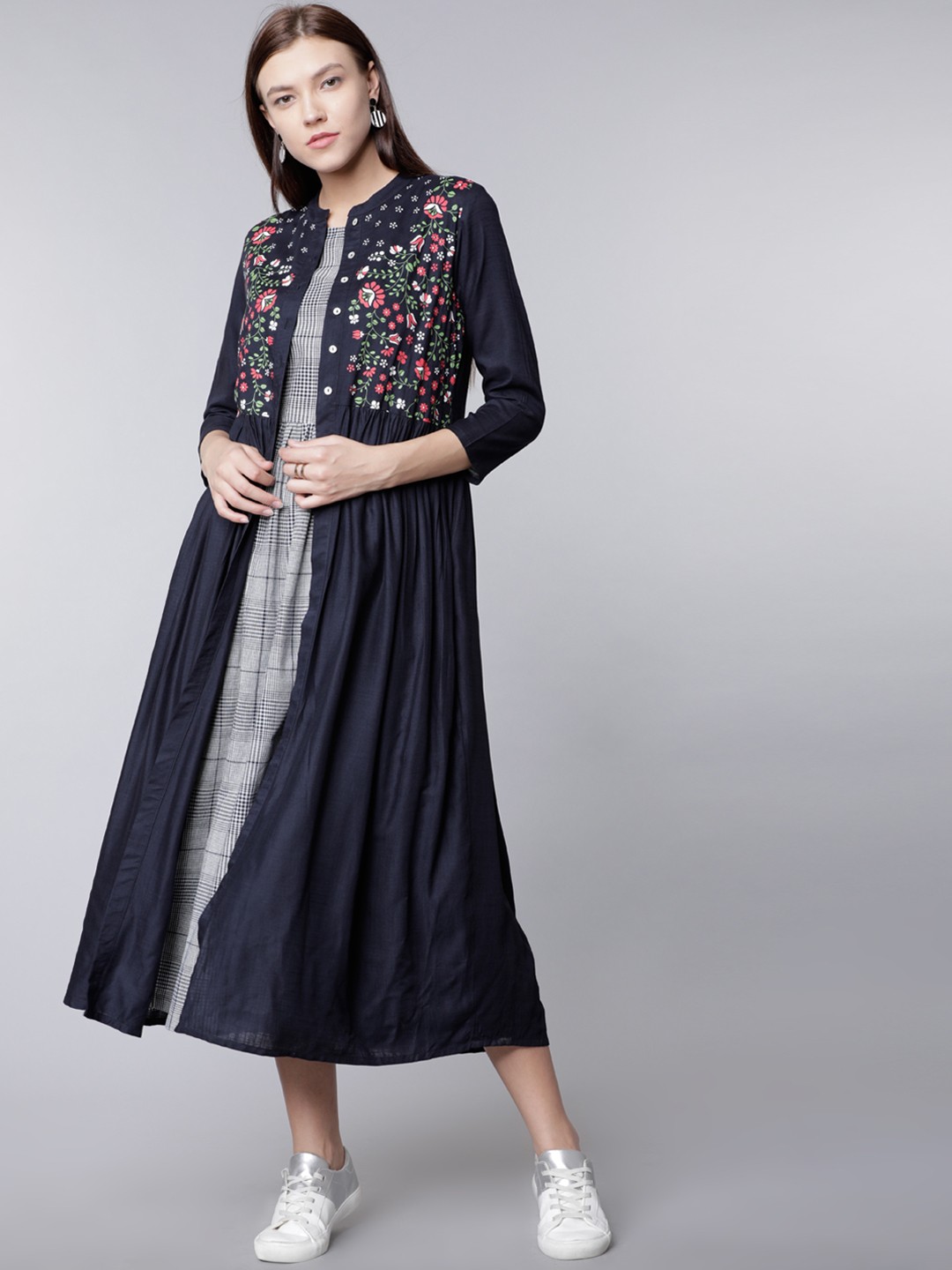 

Vishudh Women Navy Blue Printed A-Line Kurta with Front Open Jacket