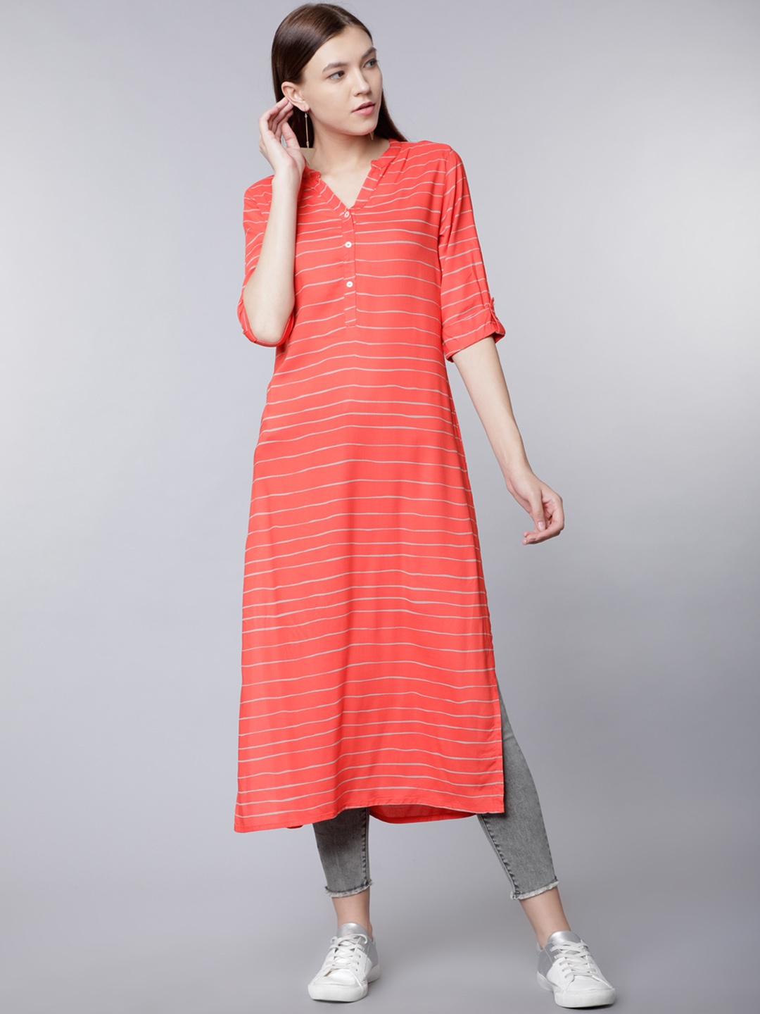 

Vishudh Women Coral & Grey Striped Straight Kurta