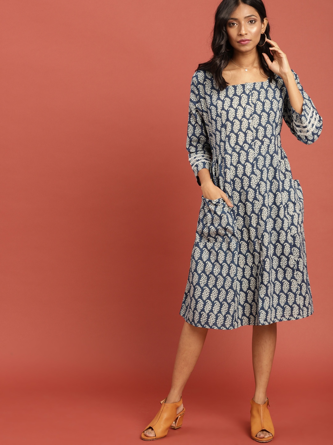 

Taavi Women Blue Indigo Hand Block Print A-Line Dress with Pockets
