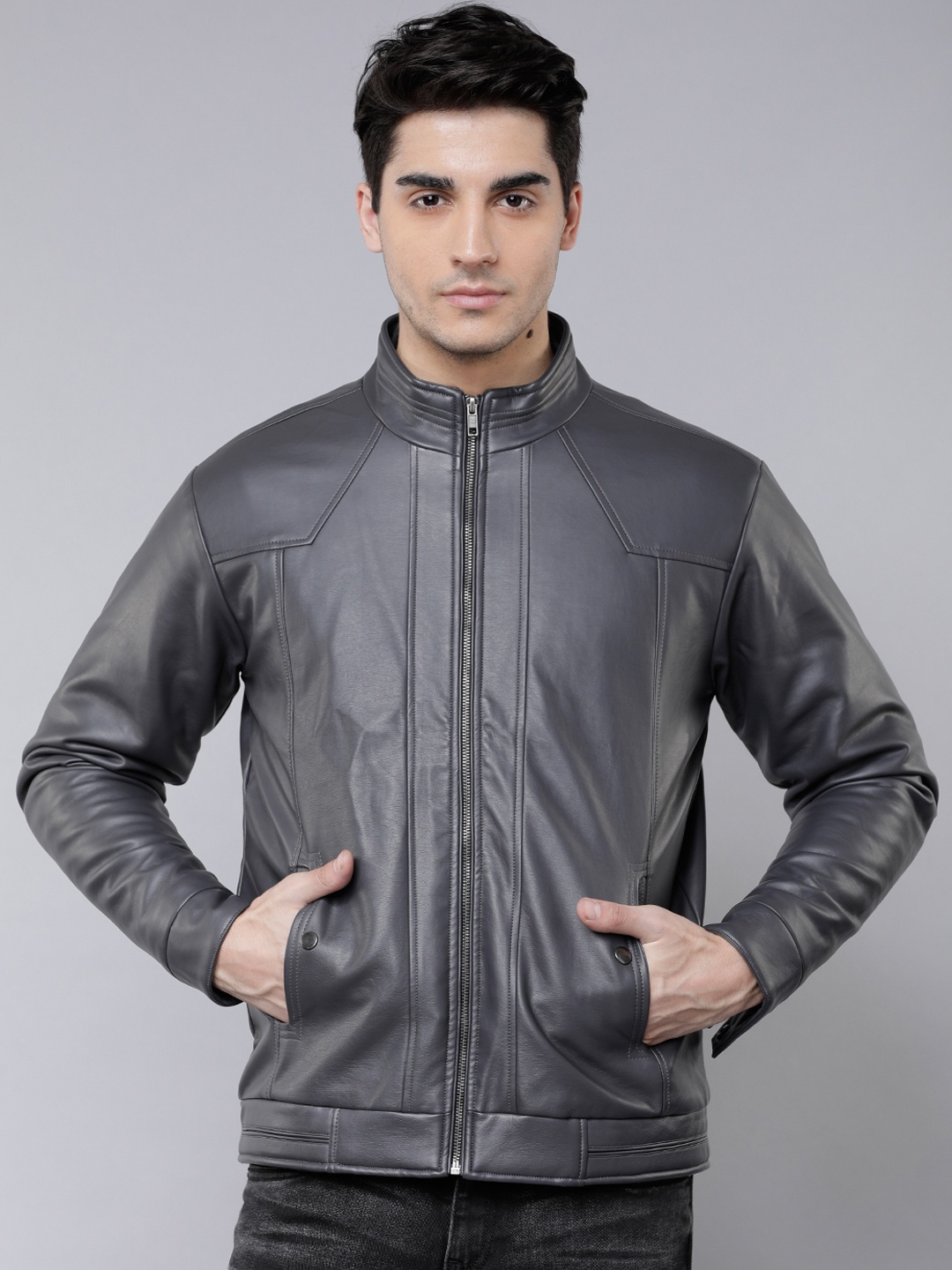 

LOCOMOTIVE Men Grey Solid Biker Jacket