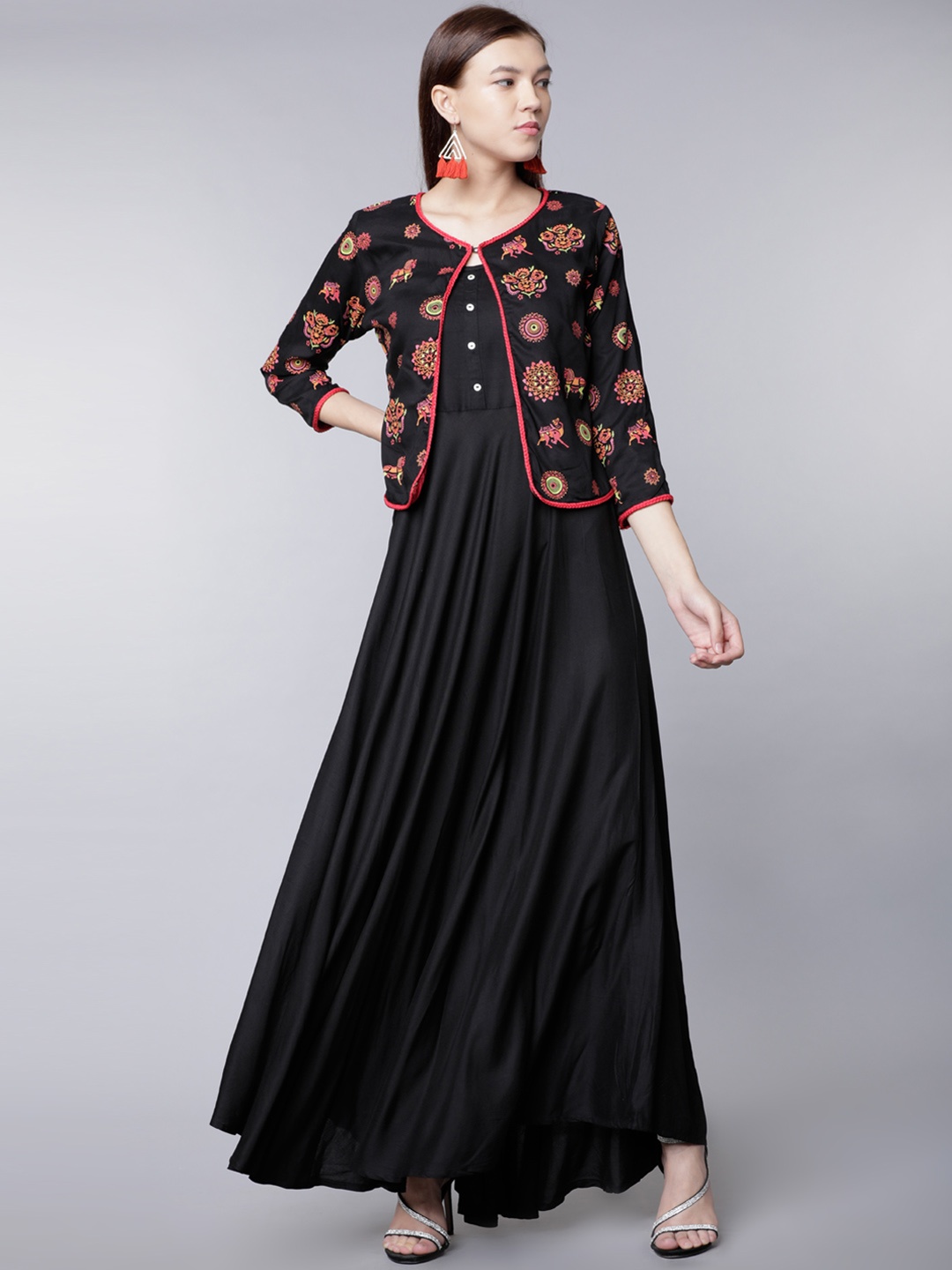 

Vishudh Women Black Printed Maxi Dress with Jacket