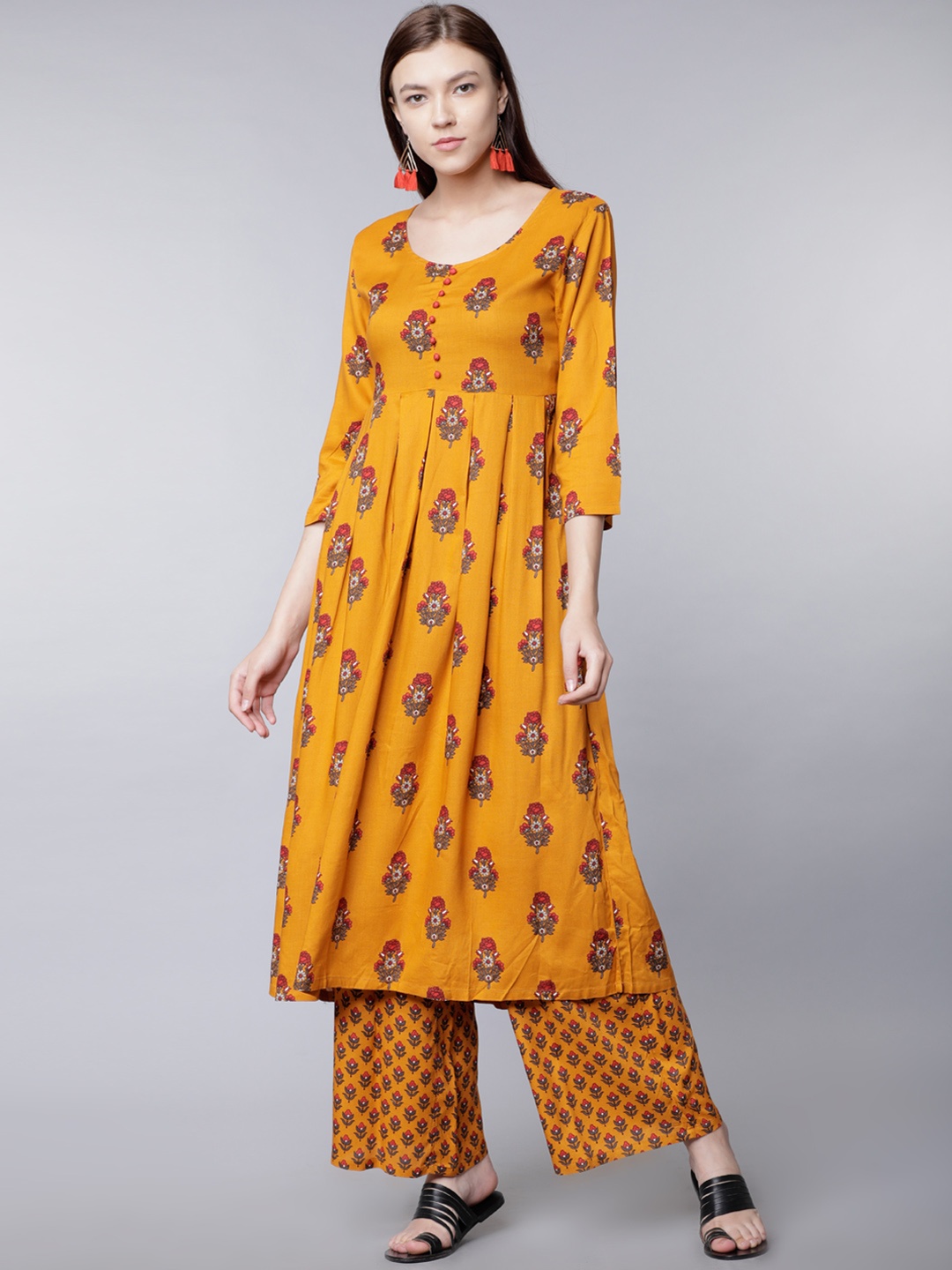 

Vishudh Women Mustard & Red Printed Kurta with Palazzos