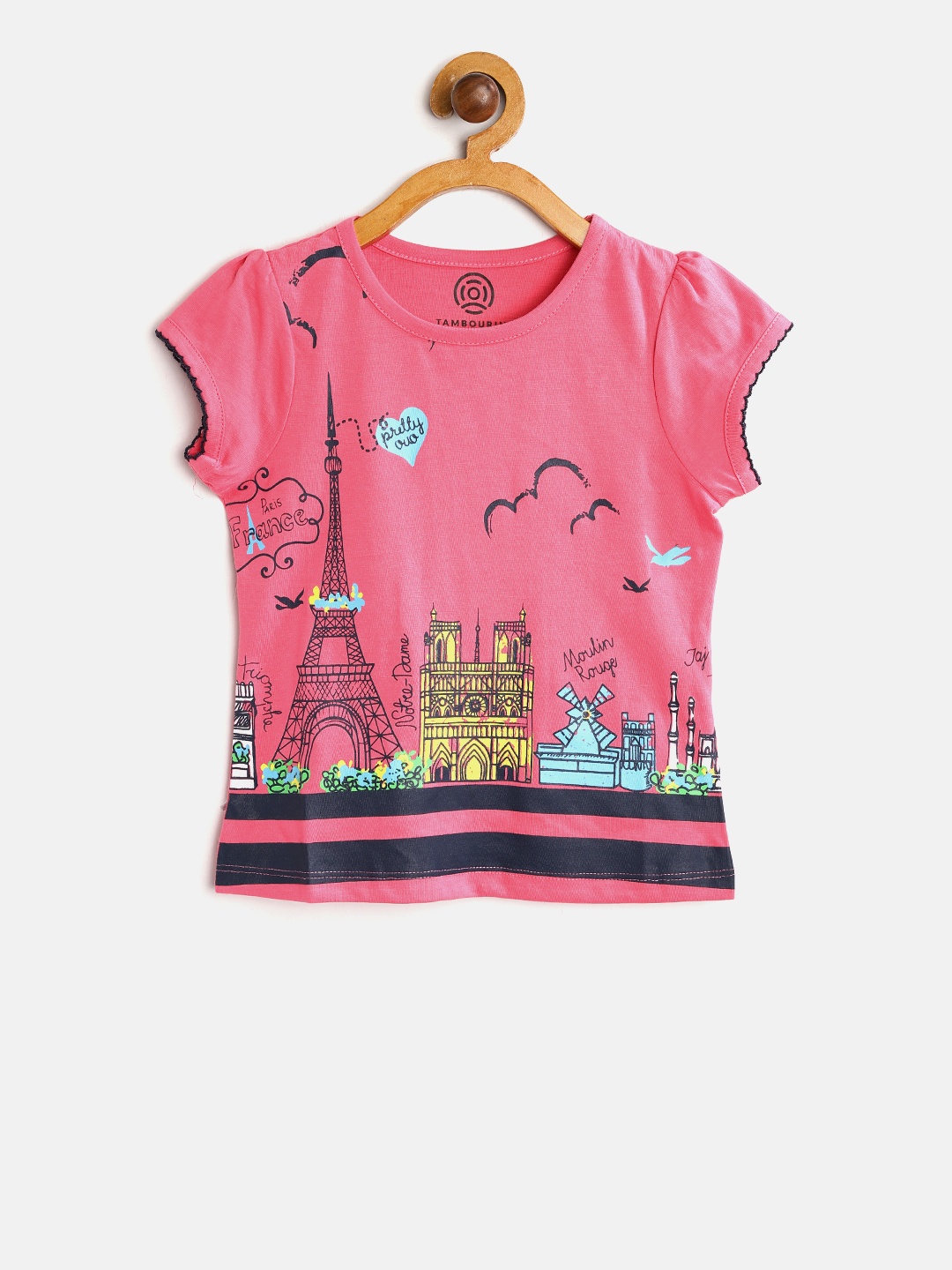 

TAMBOURINE Girls Pink Printed Round Neck Pure Cotton T-shirt