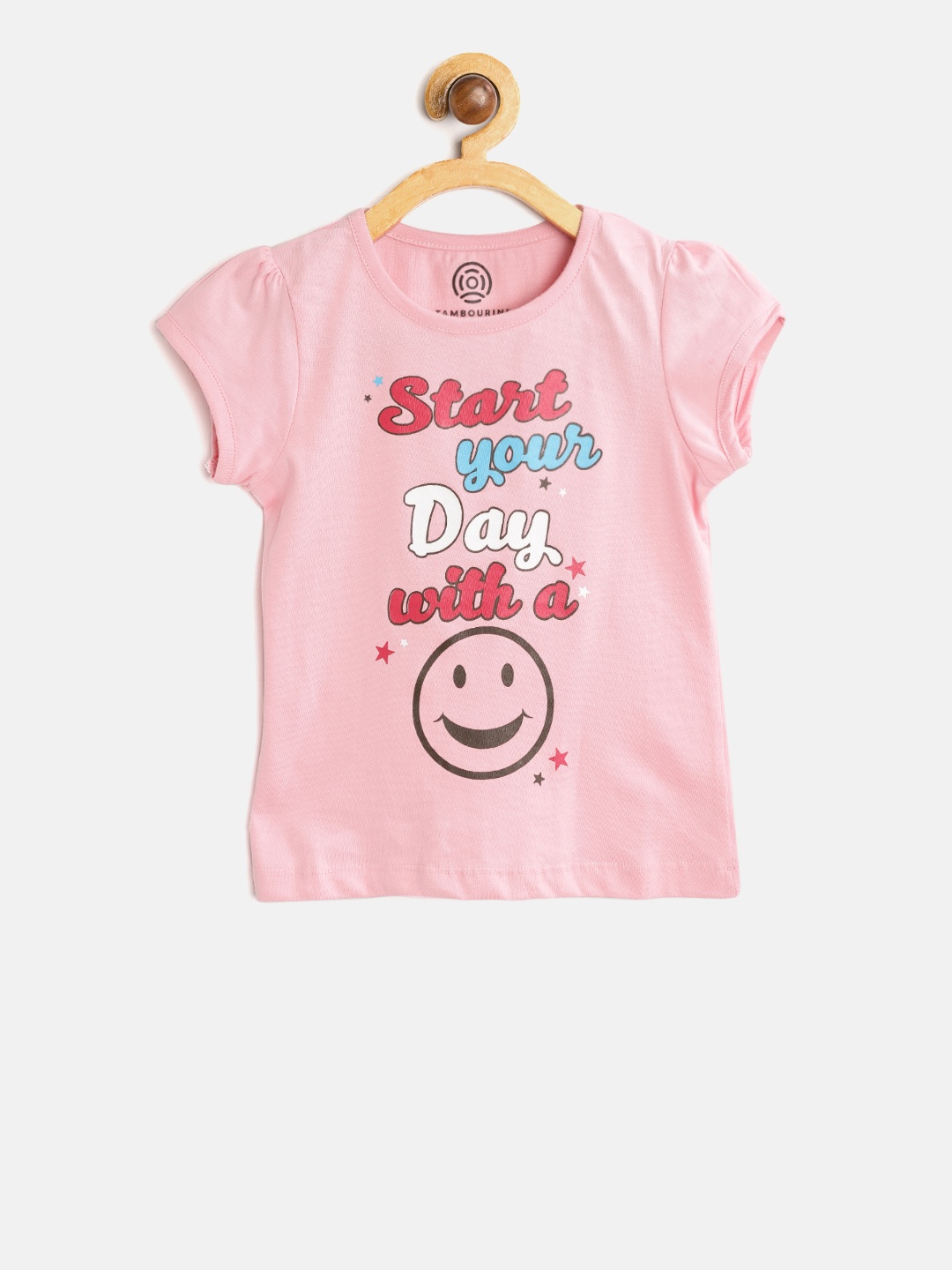 

TAMBOURINE Girls Pink Printed Round Neck Pure Cotton T-shirt