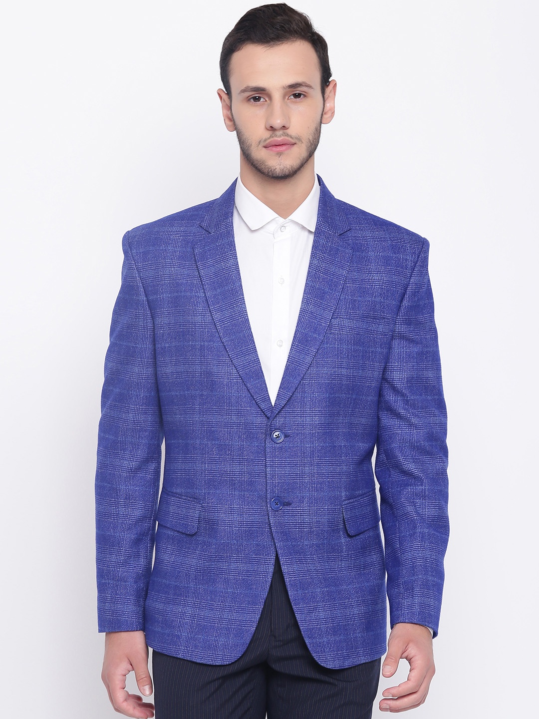 

PLATINUM Studio Blue Checked Single-Breasted Regular Fit Formal Blazer