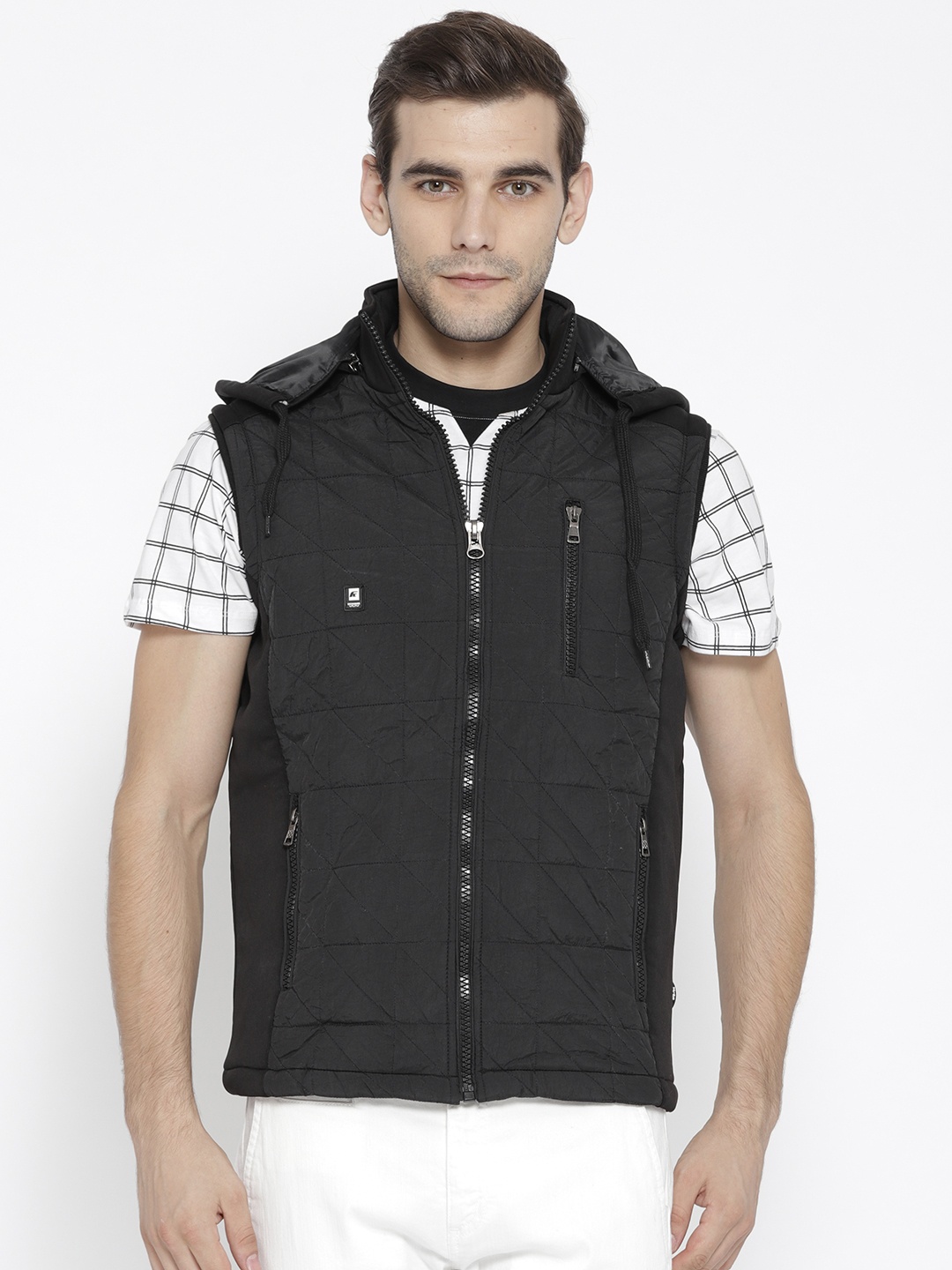 

Fort Collins Men Black Solid Quilted Jacket with Detachable Hood
