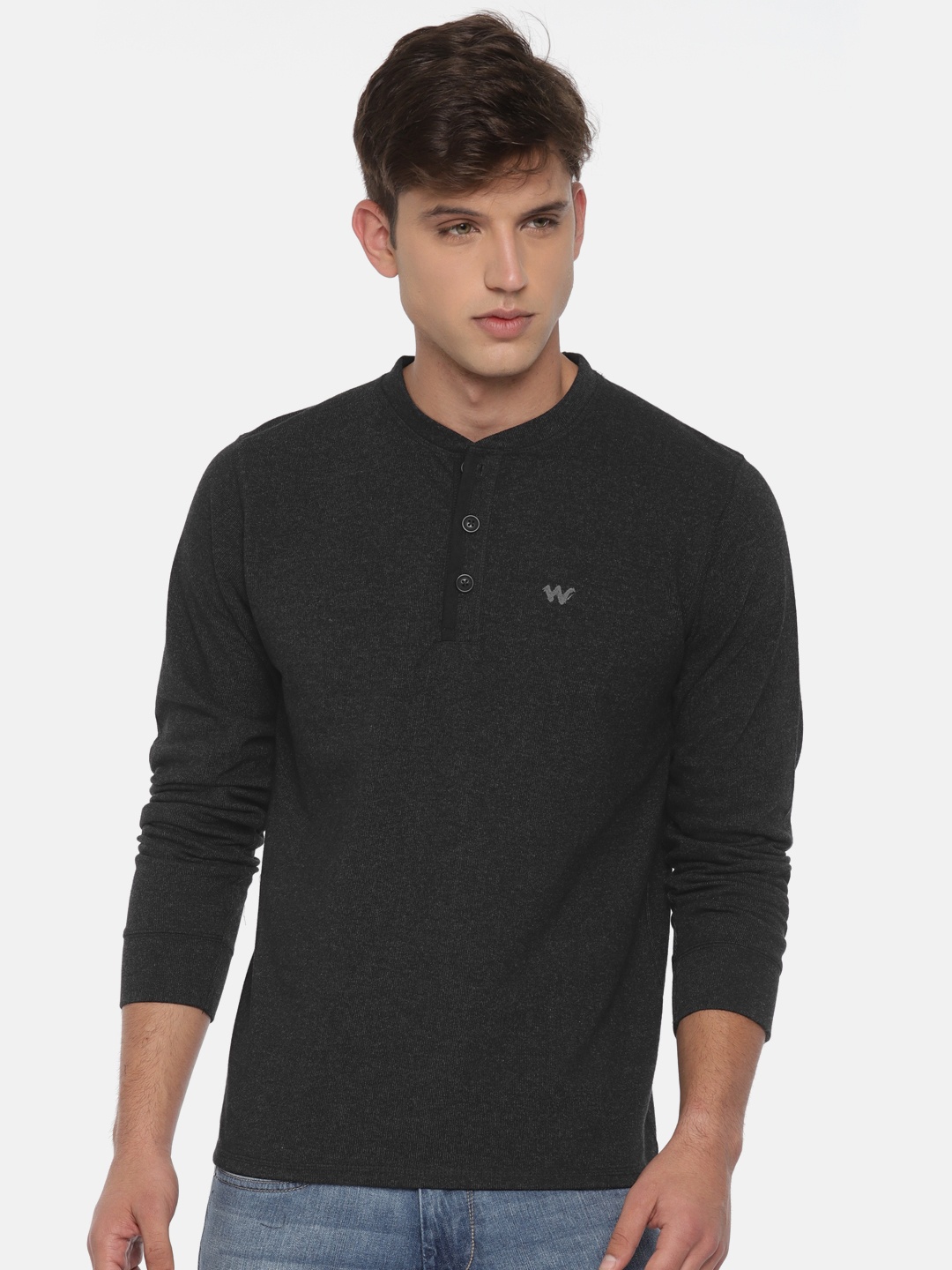 

Wildcraft Men Black Solid Henley Melange Sweatshirt