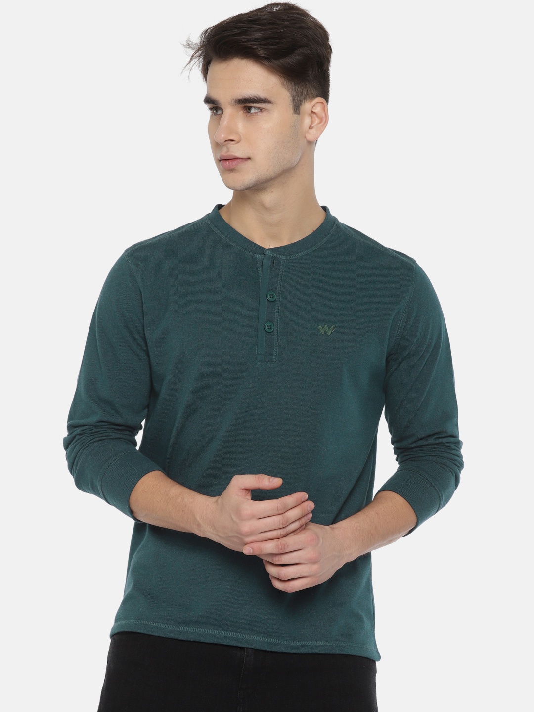 

Wildcraft Men Teal Blue Solid Henley Melange Sweatshirt