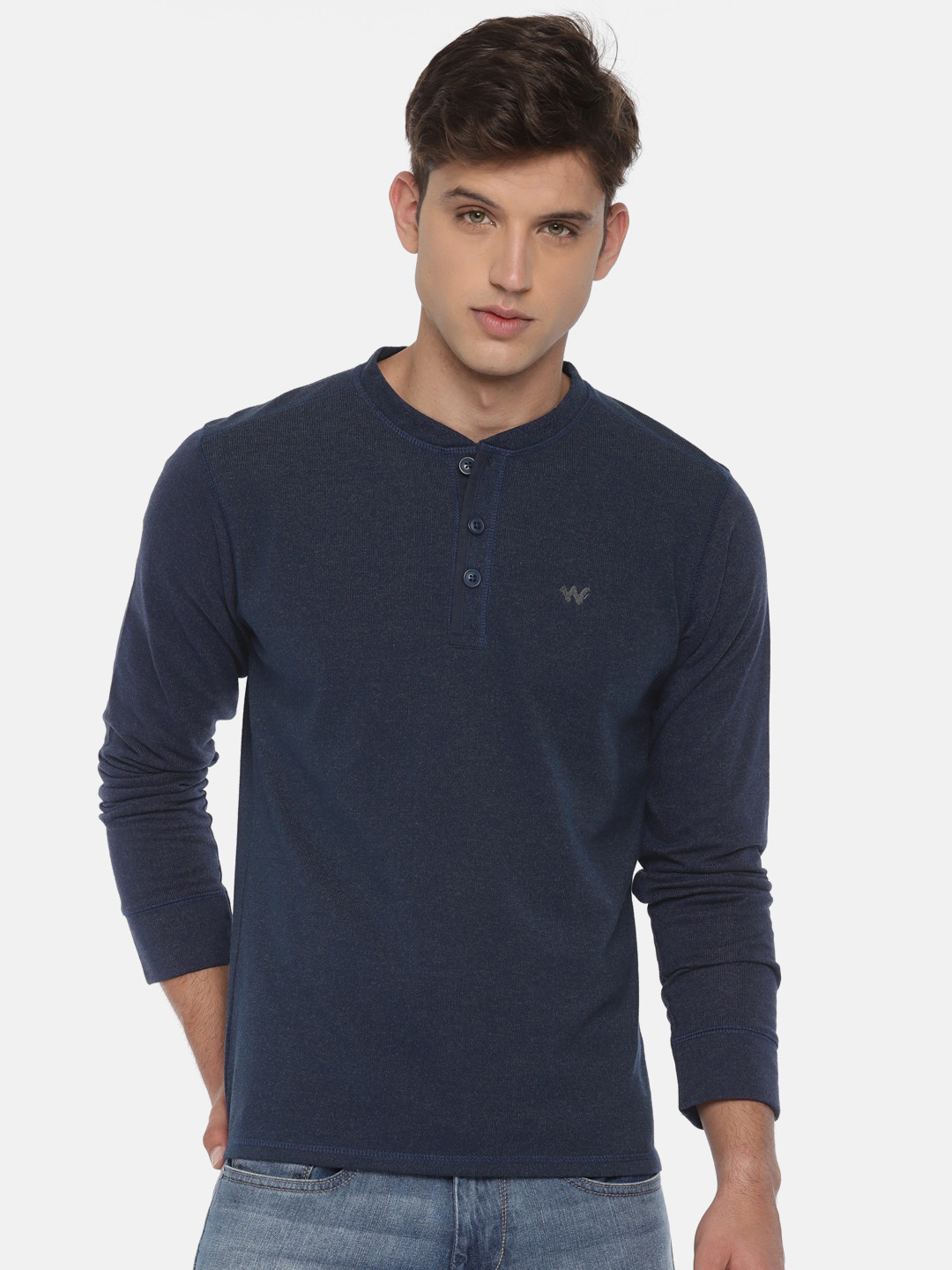 

Wildcraft Men Navy Blue Solid Henley Melange Sweatshirt