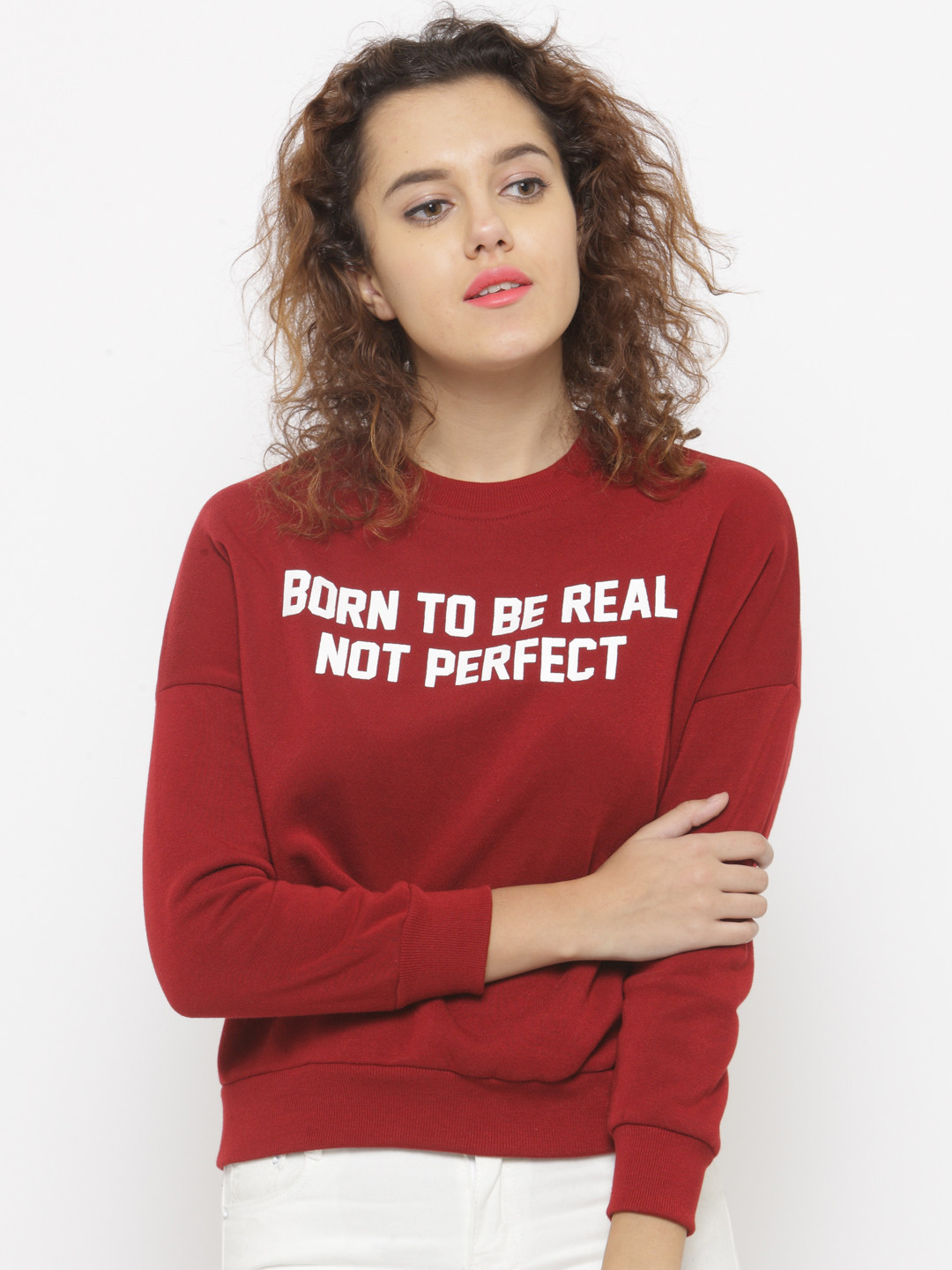 

Berrylush Women Maroon & White Printed Sweatshirt