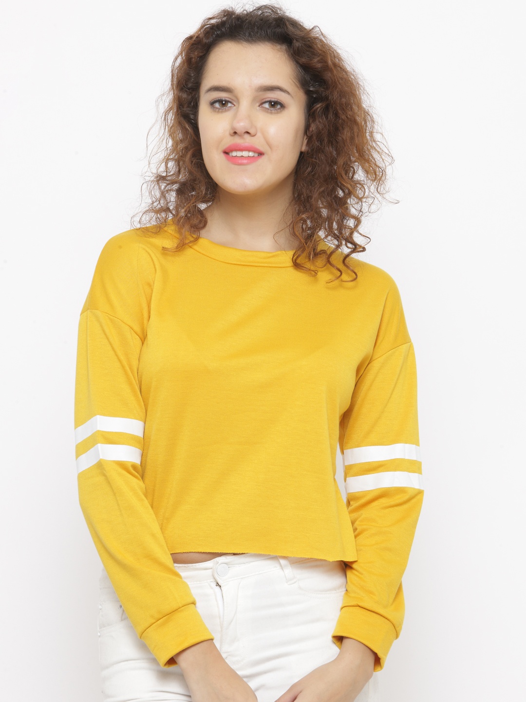 

Berrylush Women Yellow & White Striped Sweatshirt