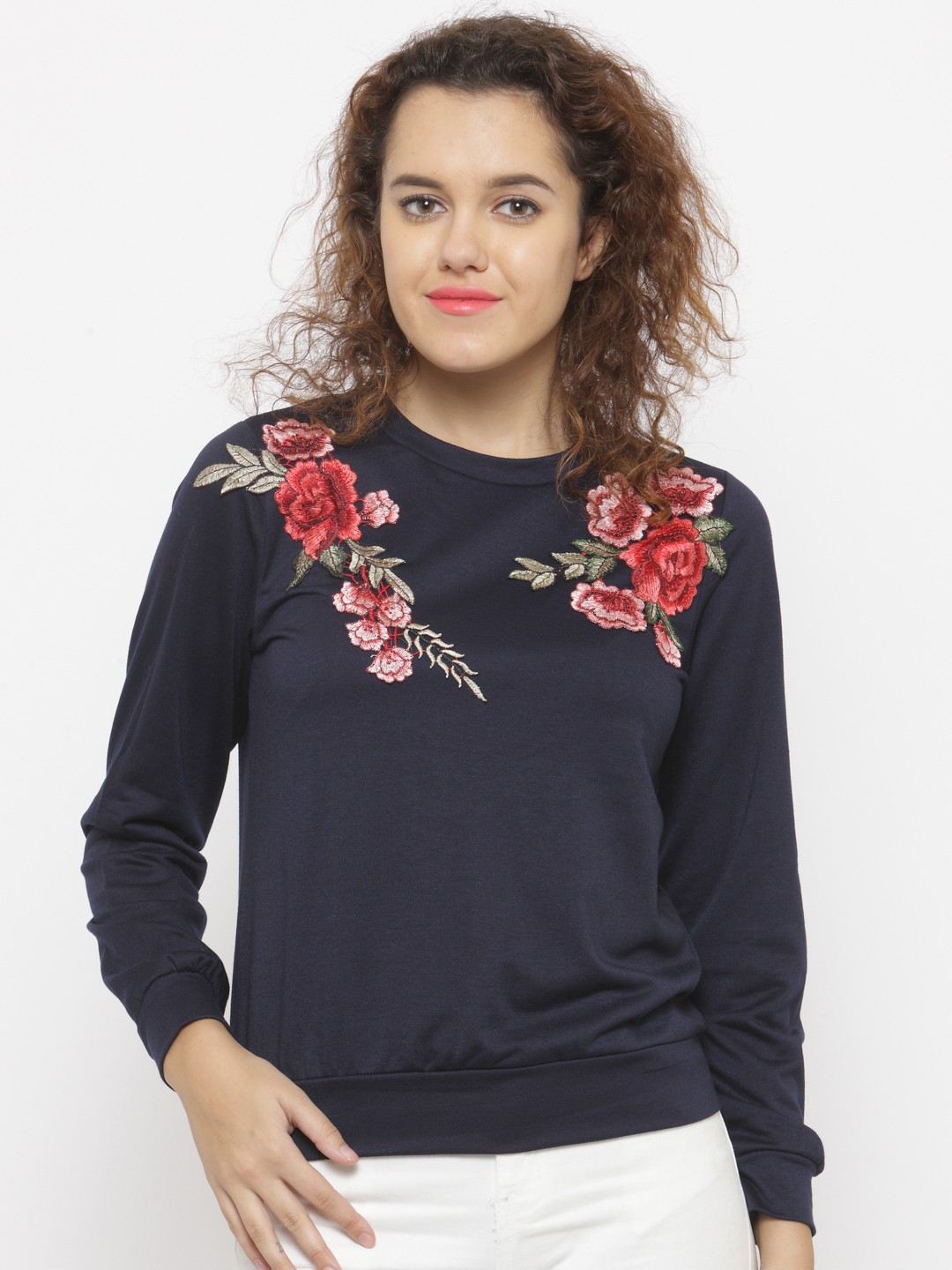 

Berrylush Women Navy Blue Solid Sweatshirt