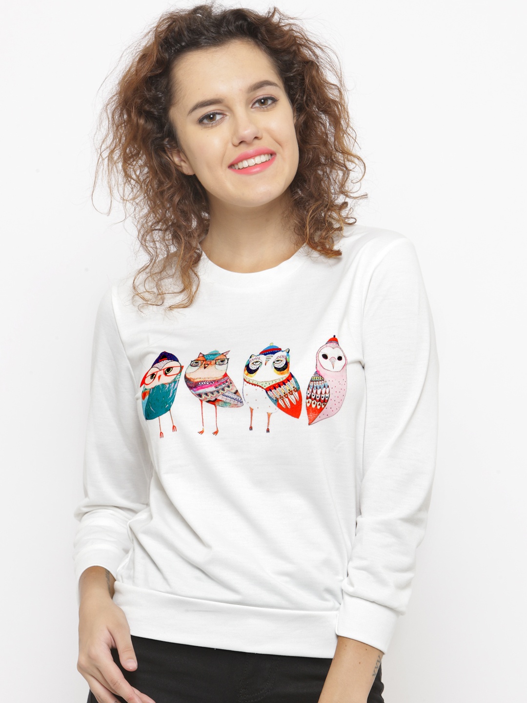 

Berrylush Women White Printed Sweatshirt