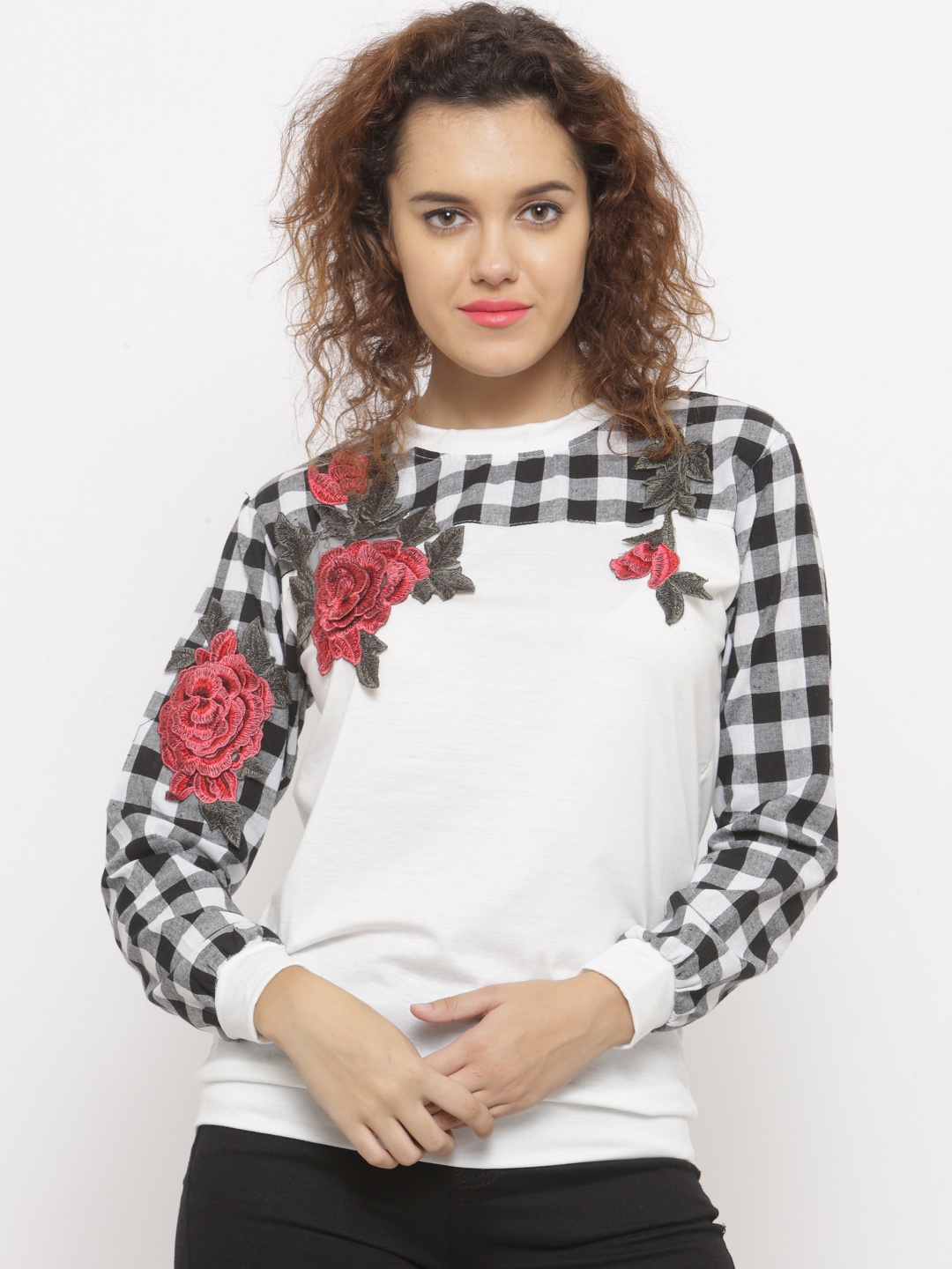 

Berrylush Women White & Black Checked Sweatshirt