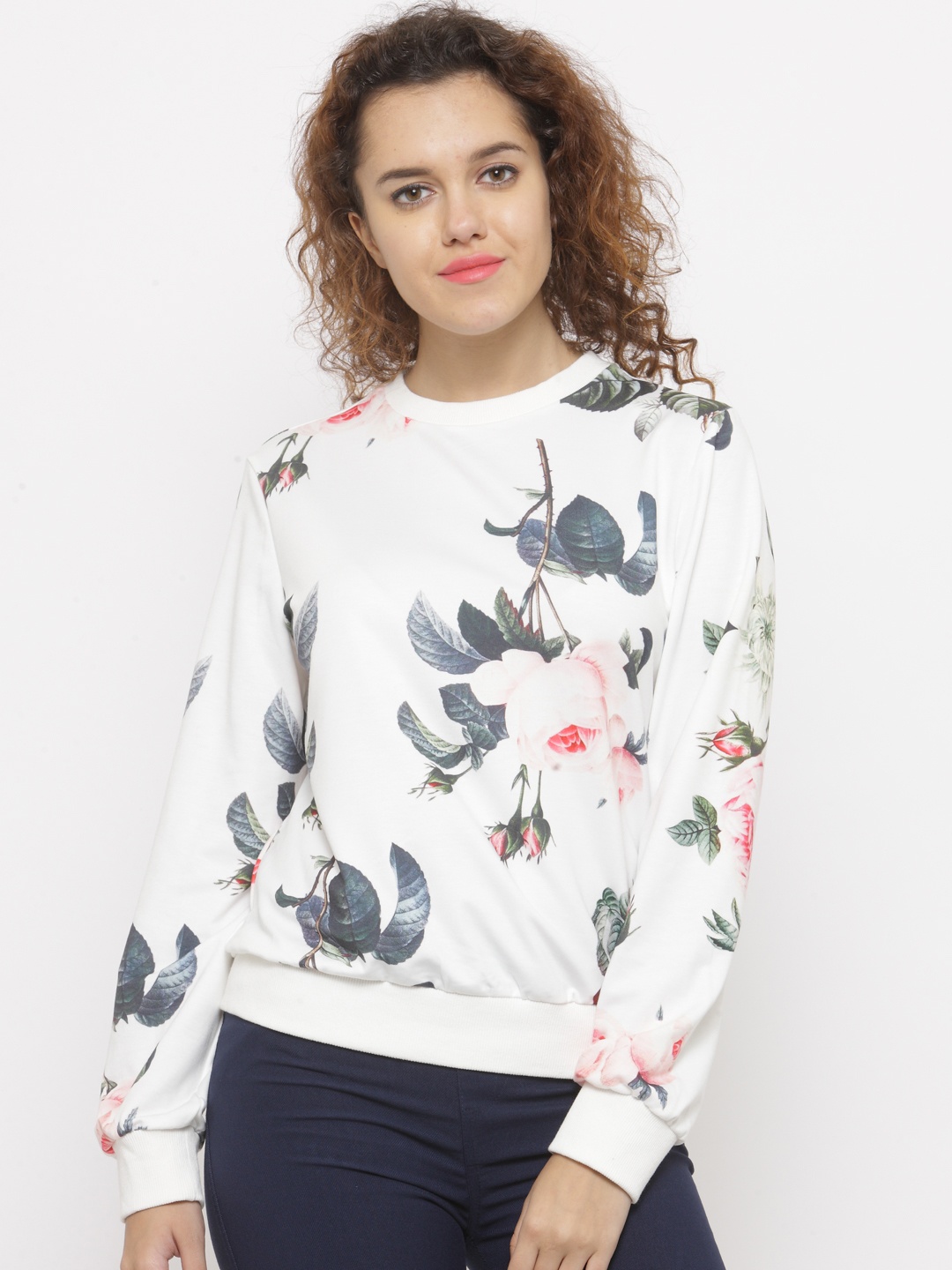 

Berrylush Women White Printed Sweatshirt