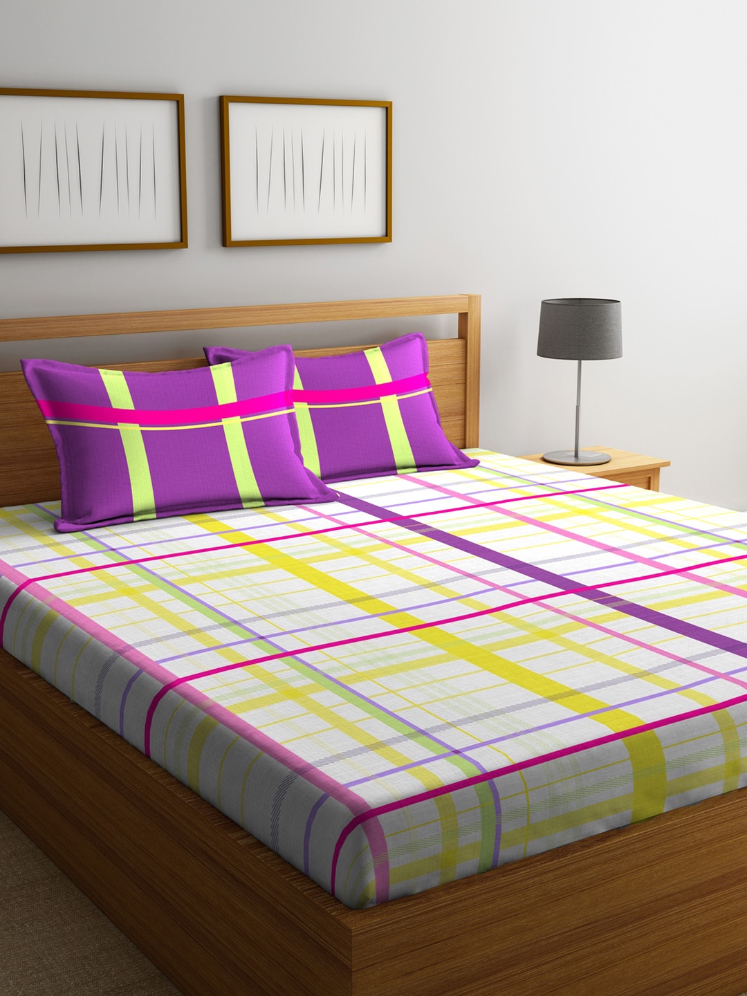 

Portico New York White & Purple Geometric Flat 144 TC Cotton 1 King Bedsheet with 2 Pillow Covers