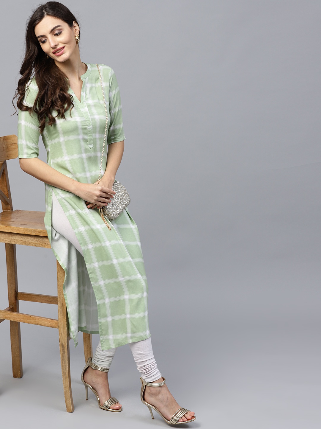 

GERUA Women Green & White Checked Straight Kurta