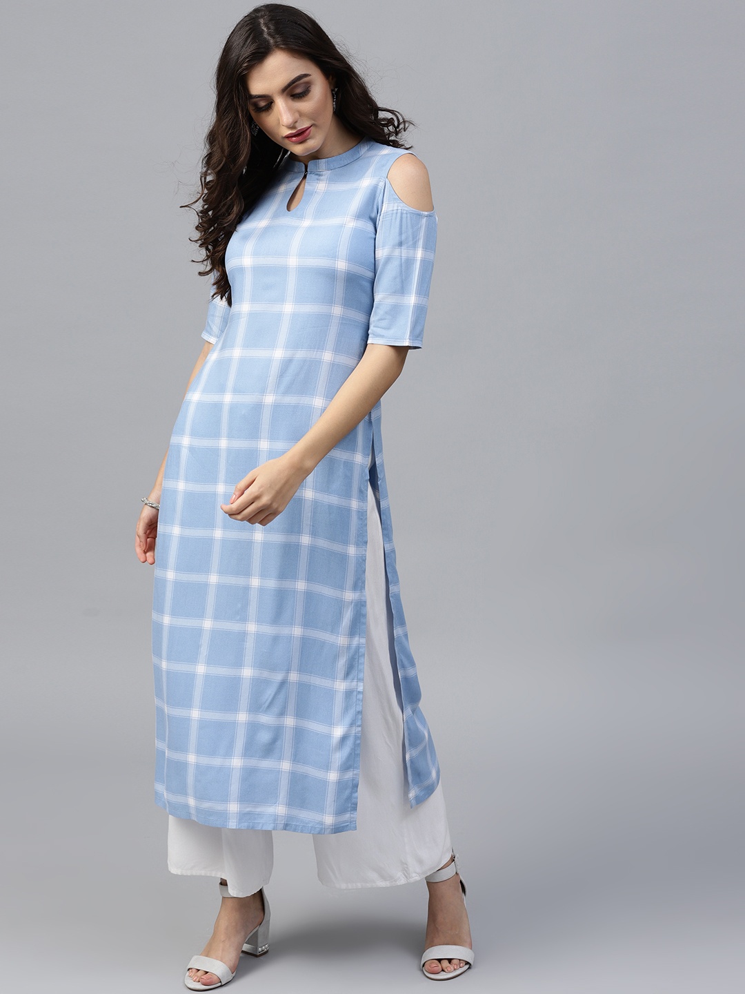 

GERUA Women Blue Checked Cold Shoulder Straight Kurta