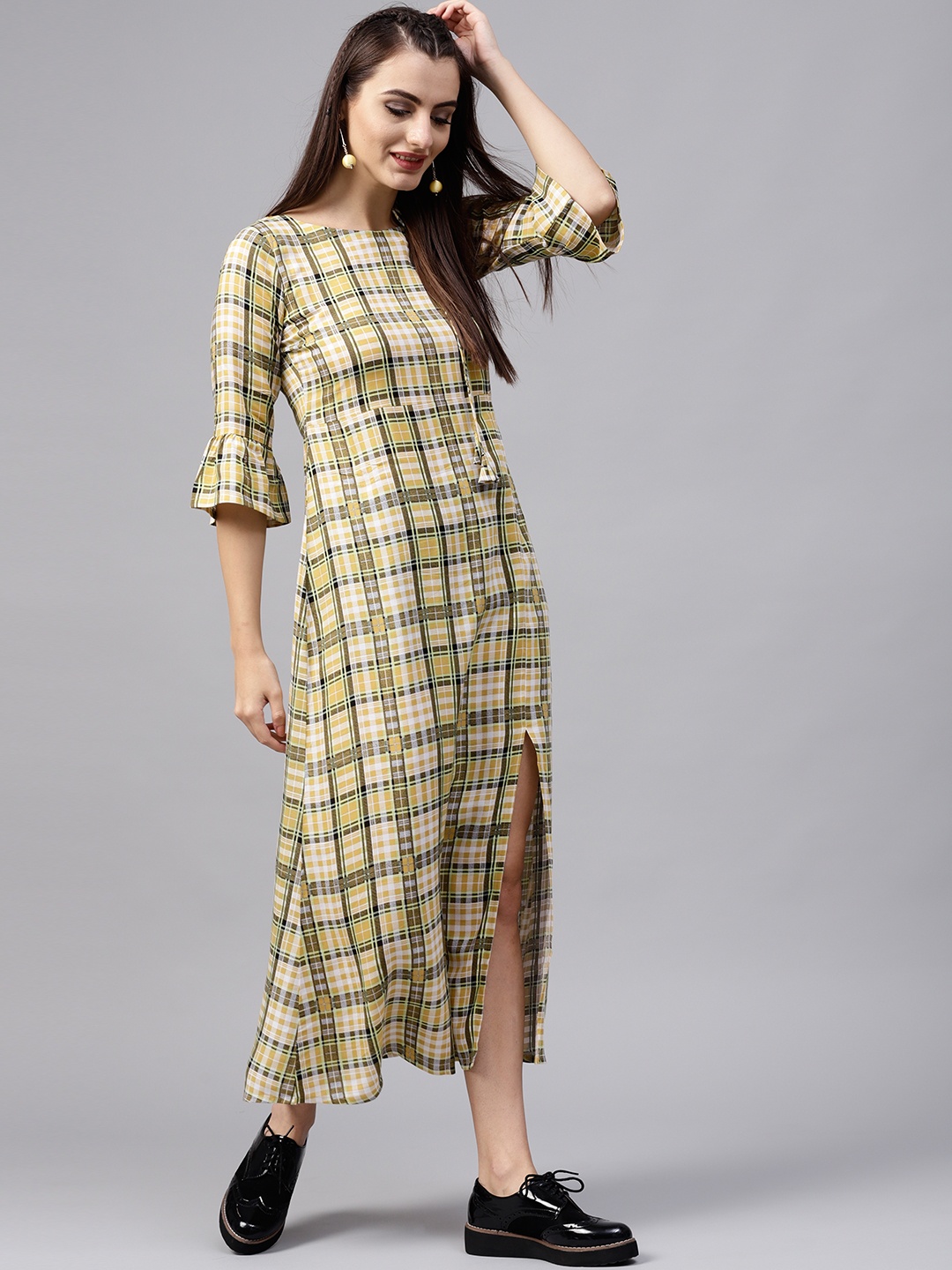 

GERUA Women Mustard Yellow & White Checked Maxi Dress