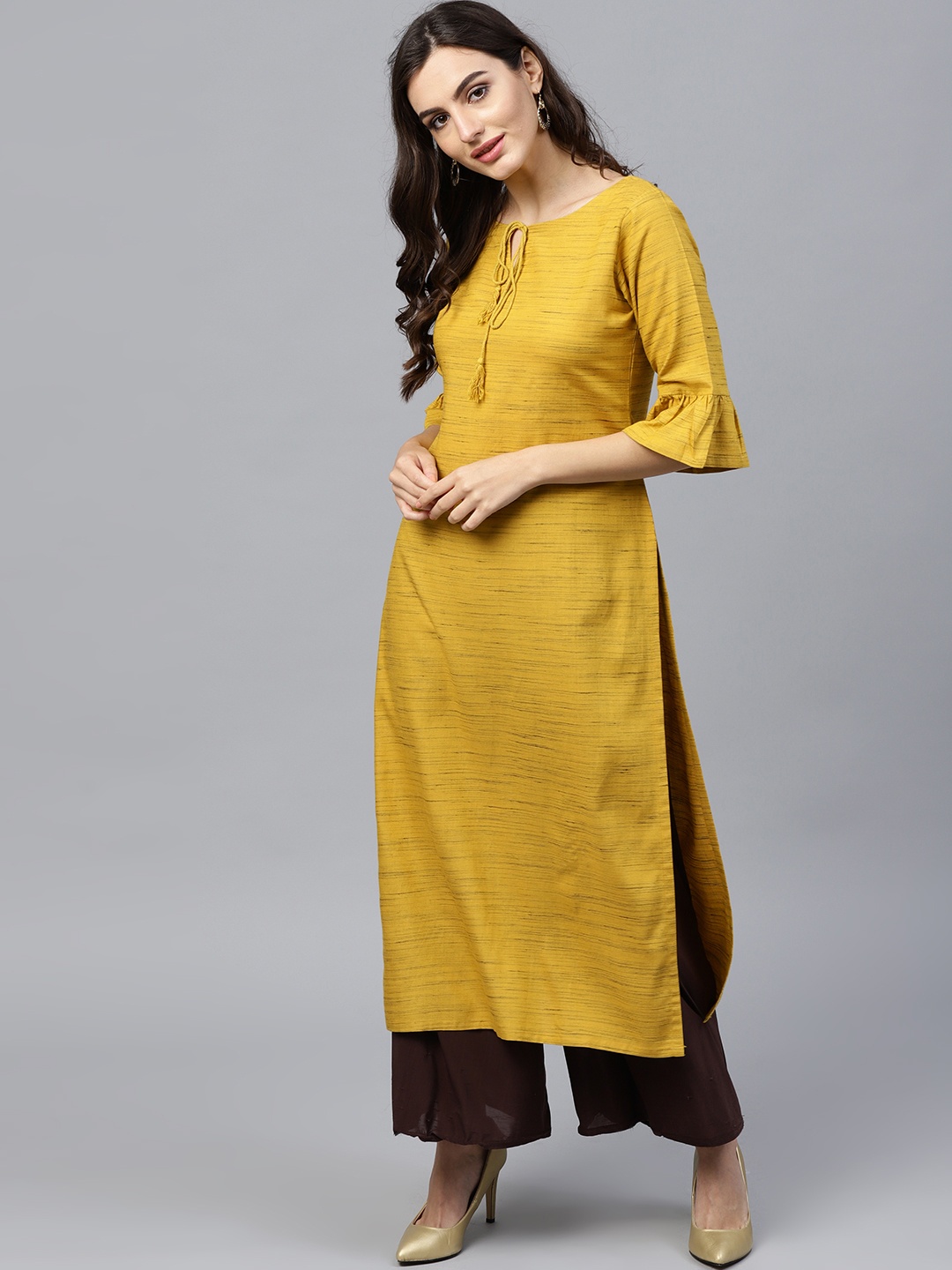 

Gerua By Libas Women Mustard Yellow Black Self Design Straight Kurta