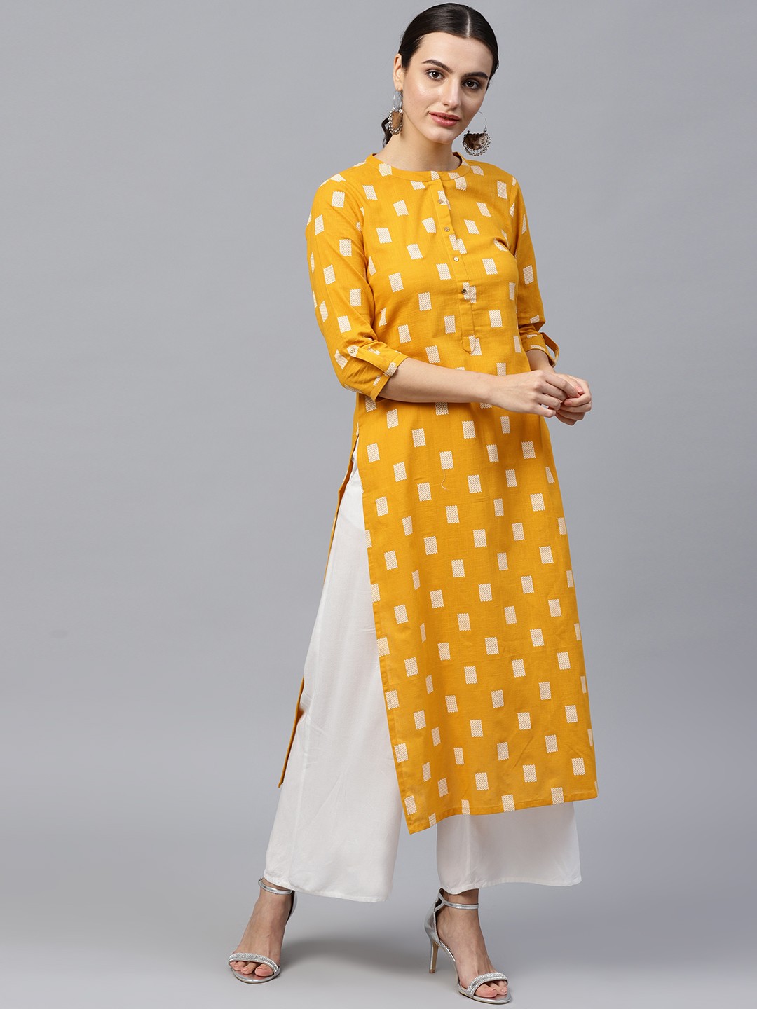

GERUA Women Mustard Yellow & White Printed Straight Kurta