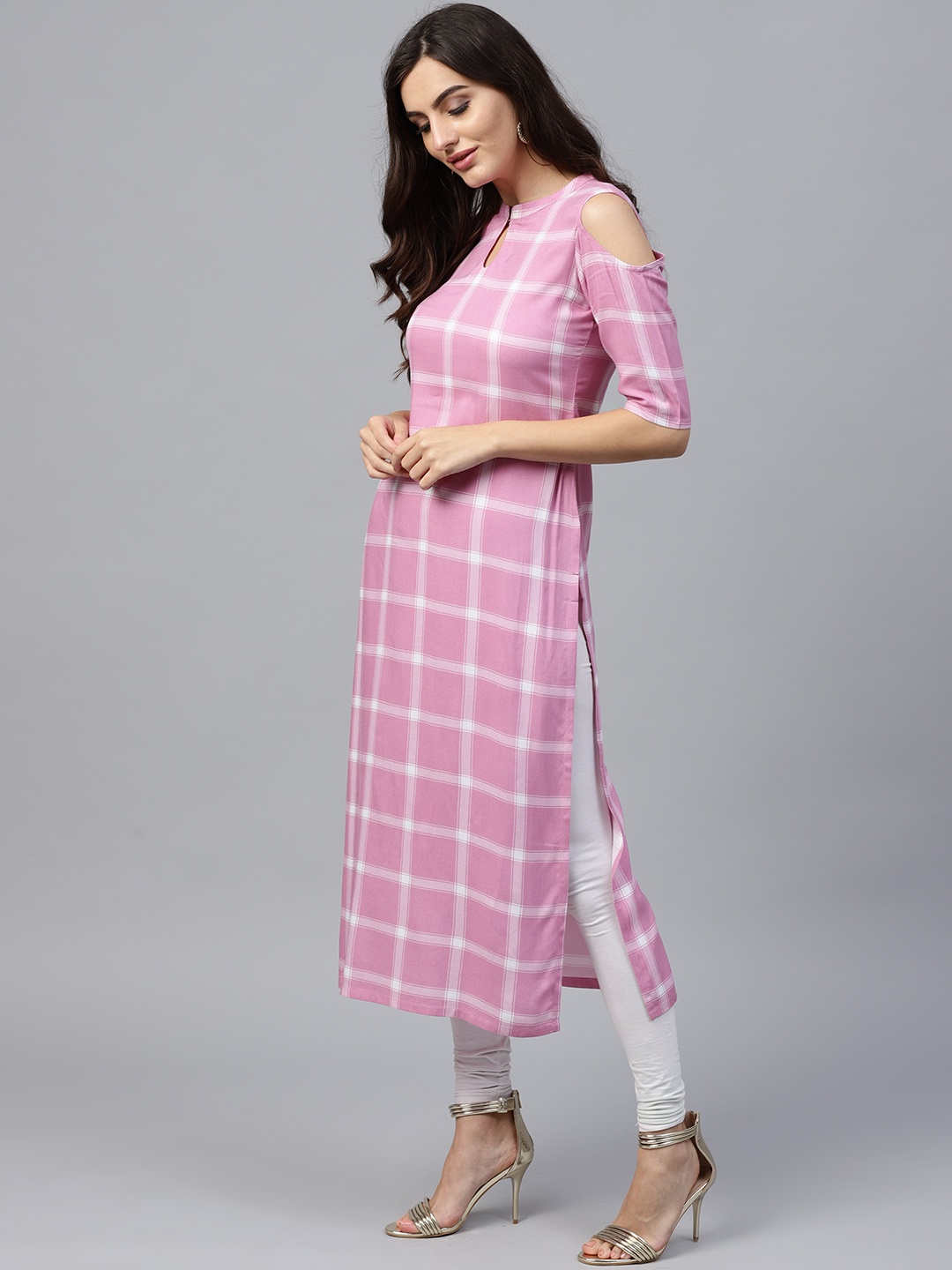

GERUA Women Pink & White Checked Straight Kurta
