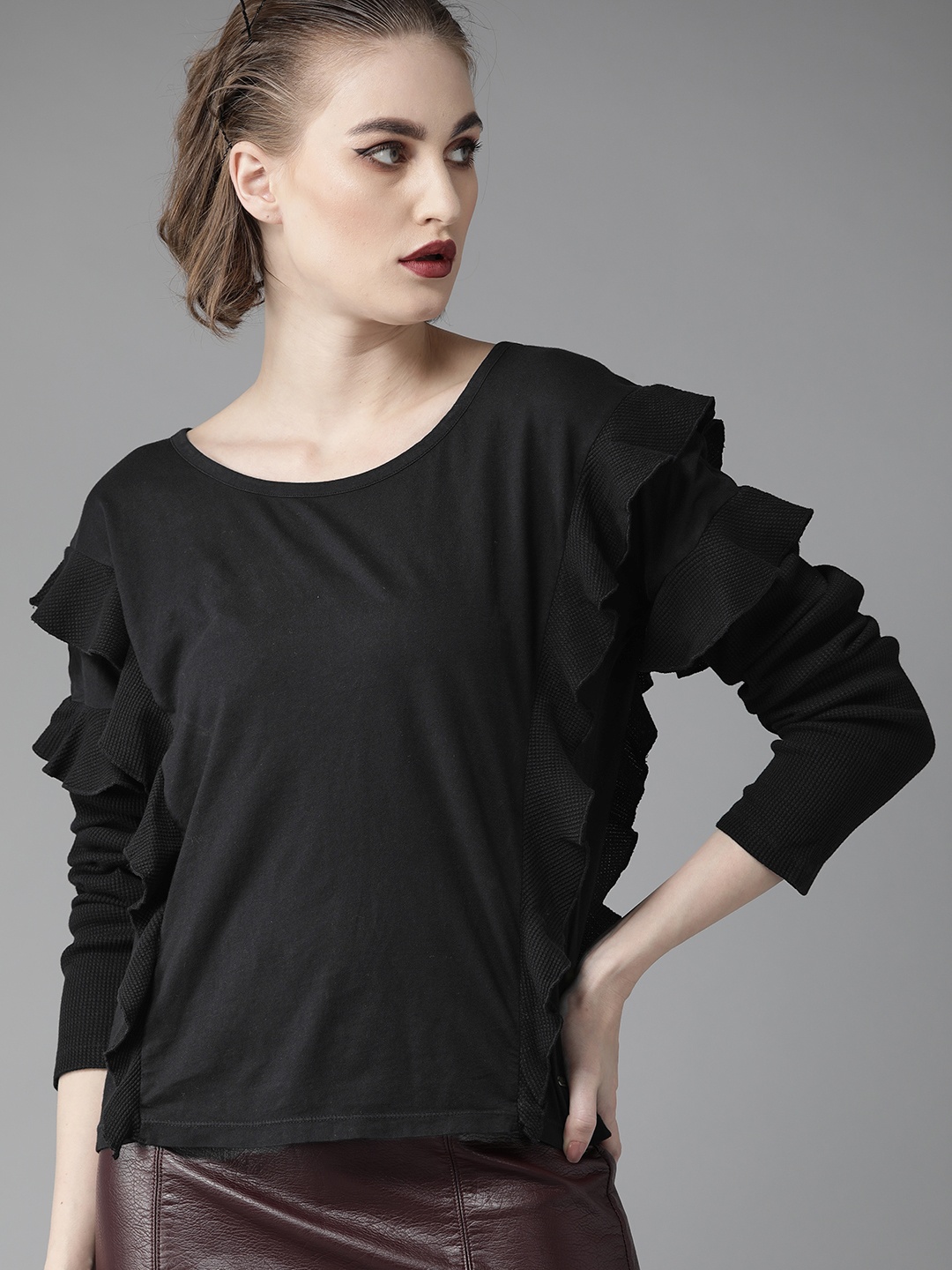 

Roadster Women Black Solid Pure Cotton Top