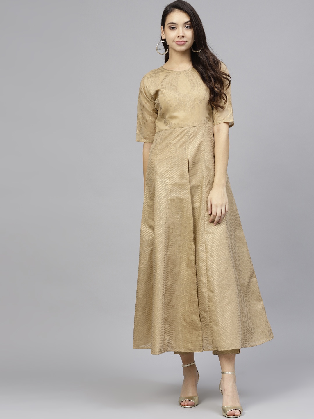 

Ahalyaa Women Beige & Golden Printed Kurta with Trousers
