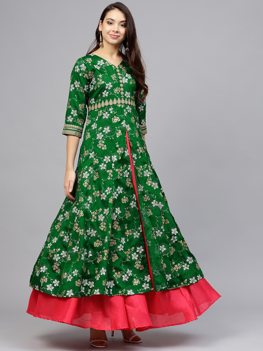 

Ahalyaa Women Green & Pink Printed Layered Anarkali Kurta