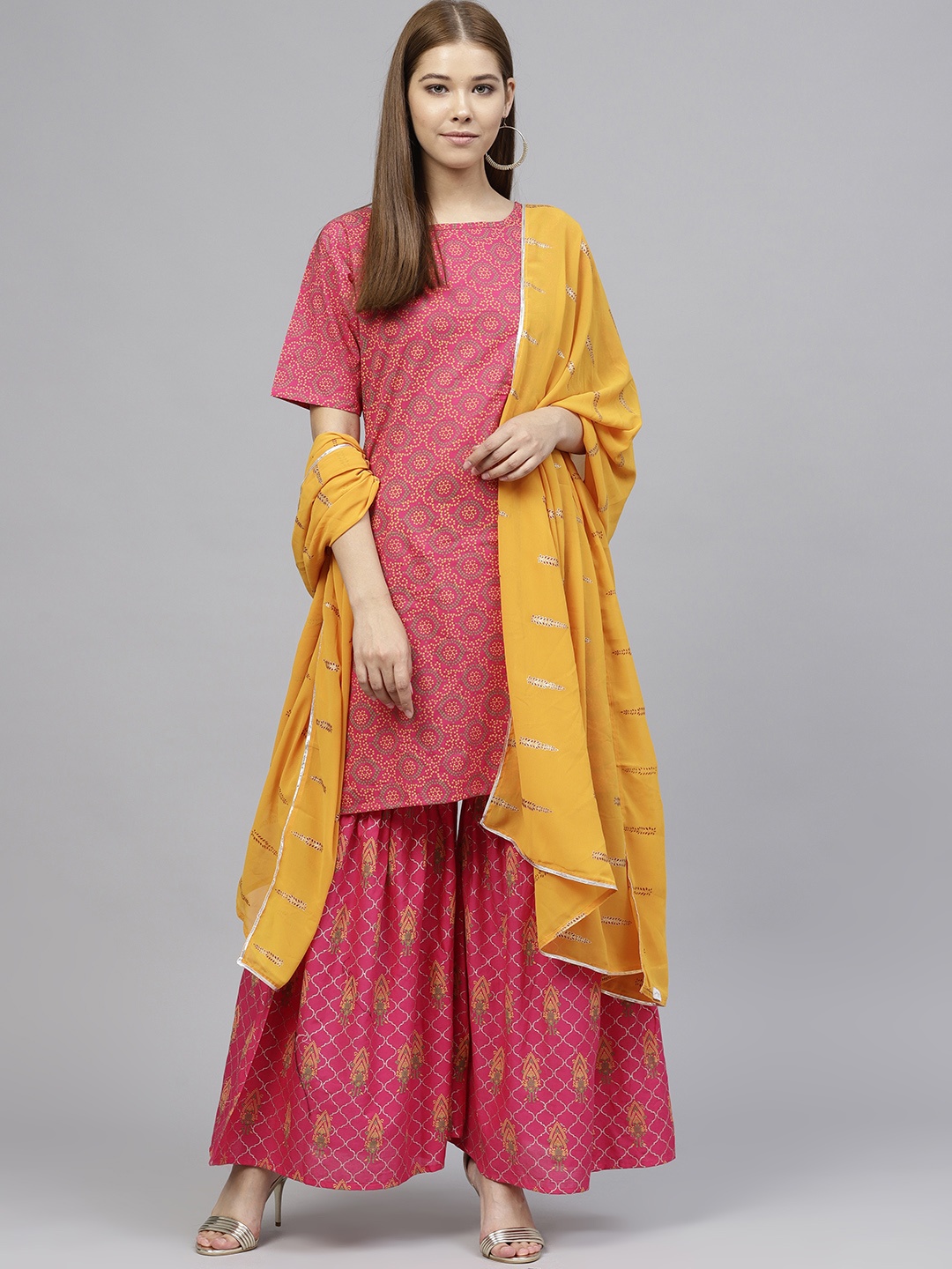 

Ahalyaa Women Pink & Mustard Yellow Printed Kurta with Sharara & Dupatta