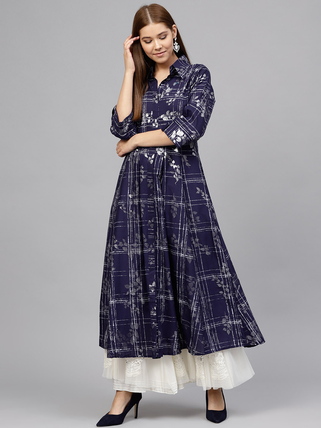 

Ahalyaa Women Navy Blue Silver Printed A-Line Cotton Kurta