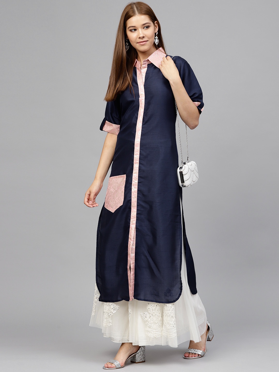 

Ahalyaa Women Navy Blue Solid Pathani Kurta