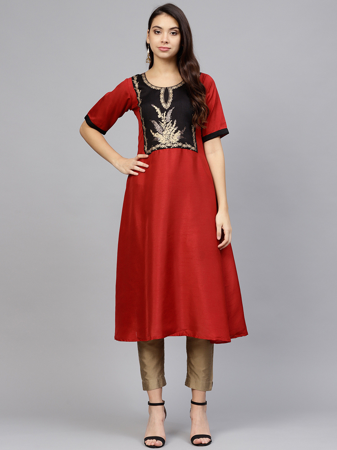 

Ahalyaa Women Red & Black Yoke Design A-Line Kurta